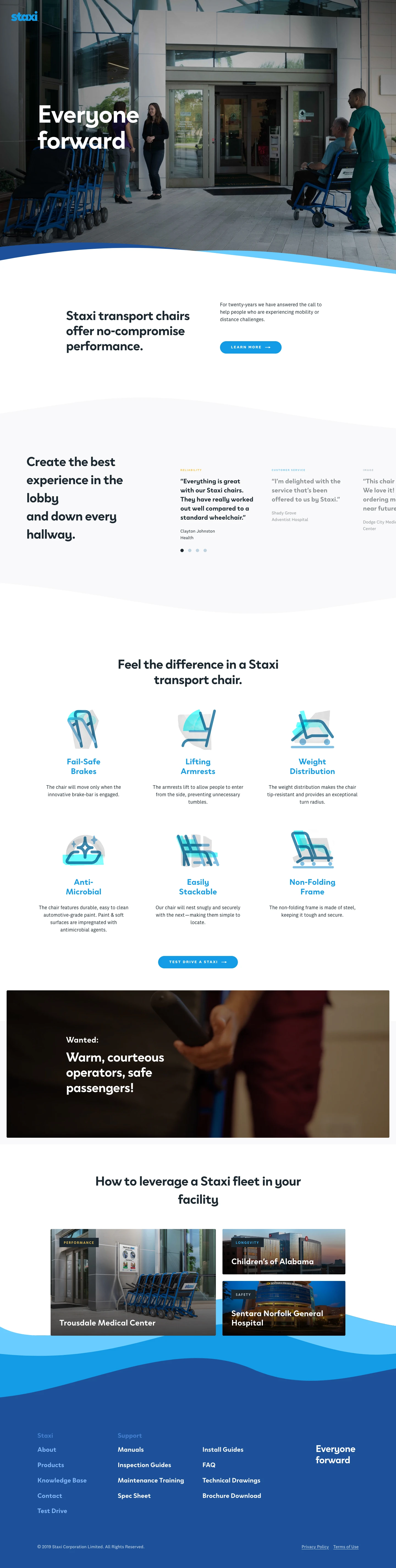  Staxi Landing Page Example: Staxi is stackable, which means each individual chair nests snuggly and securely—making them simple to locate.