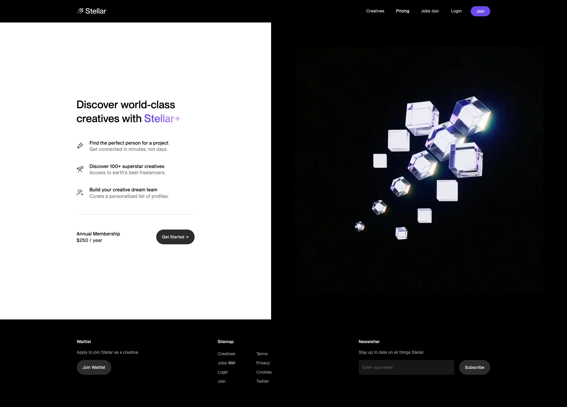 Stellar Landing Page Example: Stellar is a hyper-curated creative directory that connects brands with the best creatives on earth.