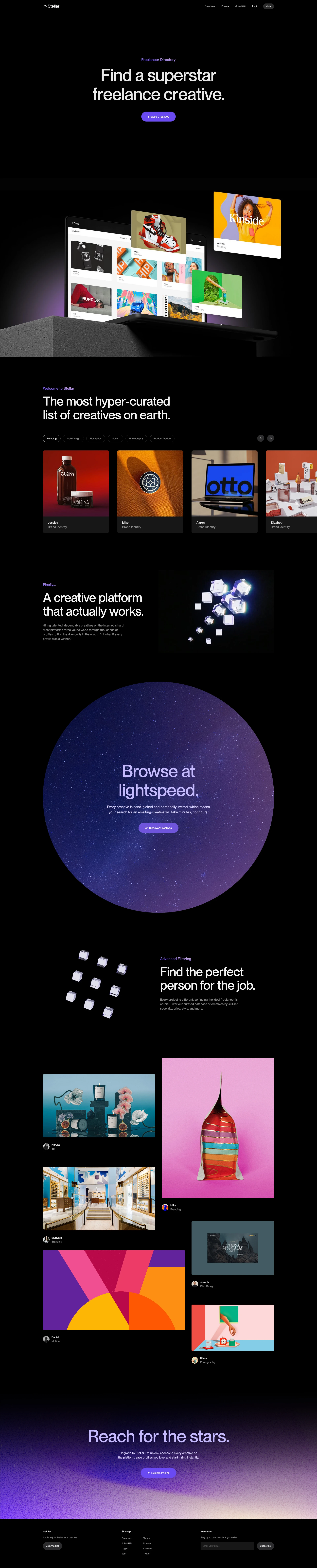 Stellar Landing Page Example: Stellar is a hyper-curated creative directory that connects brands with the best creatives on earth.