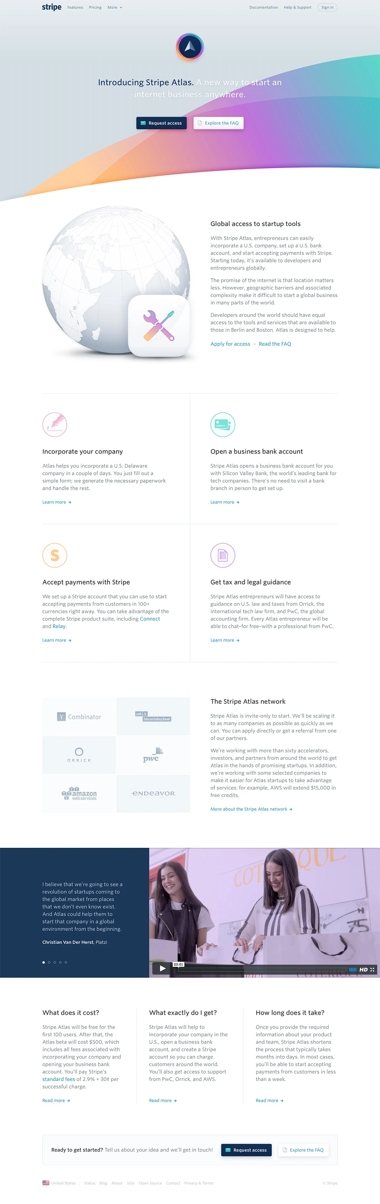 Stripe Atlas Landing Page Example: A new way to start an internet business anywhere.