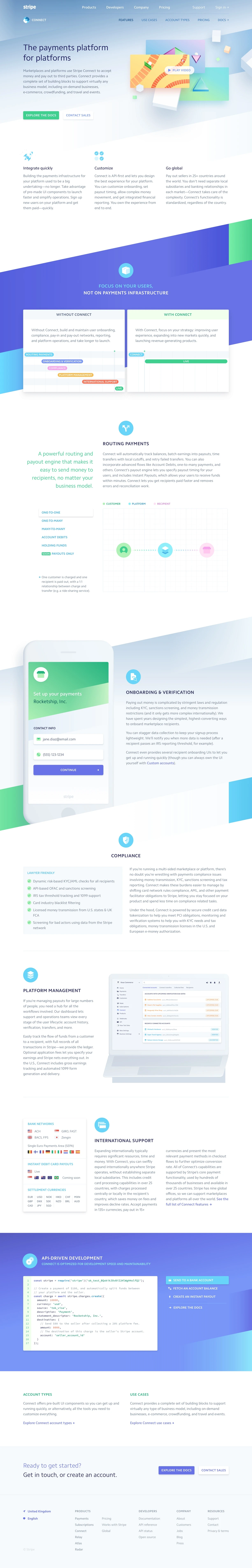 Stripe Connect Landing Page Example: Marketplaces and platforms use Stripe Connect to accept money and pay out to third parties