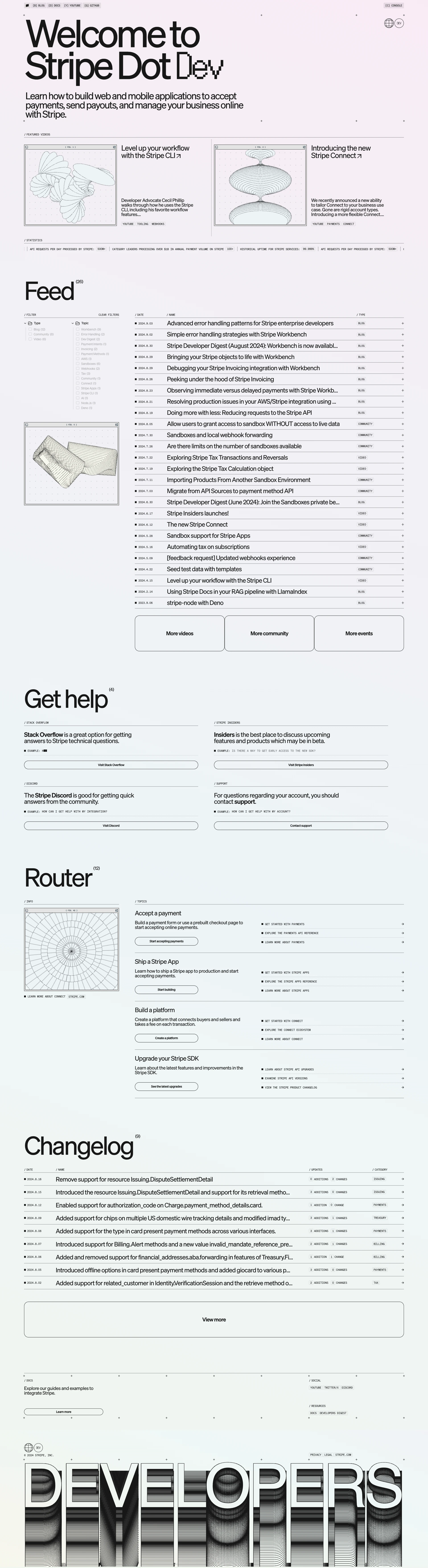 Stripe Dot Dev Landing Page Example: Learn how to build web and mobile applications to accept payments, send payouts, and manage your business online with Stripe.