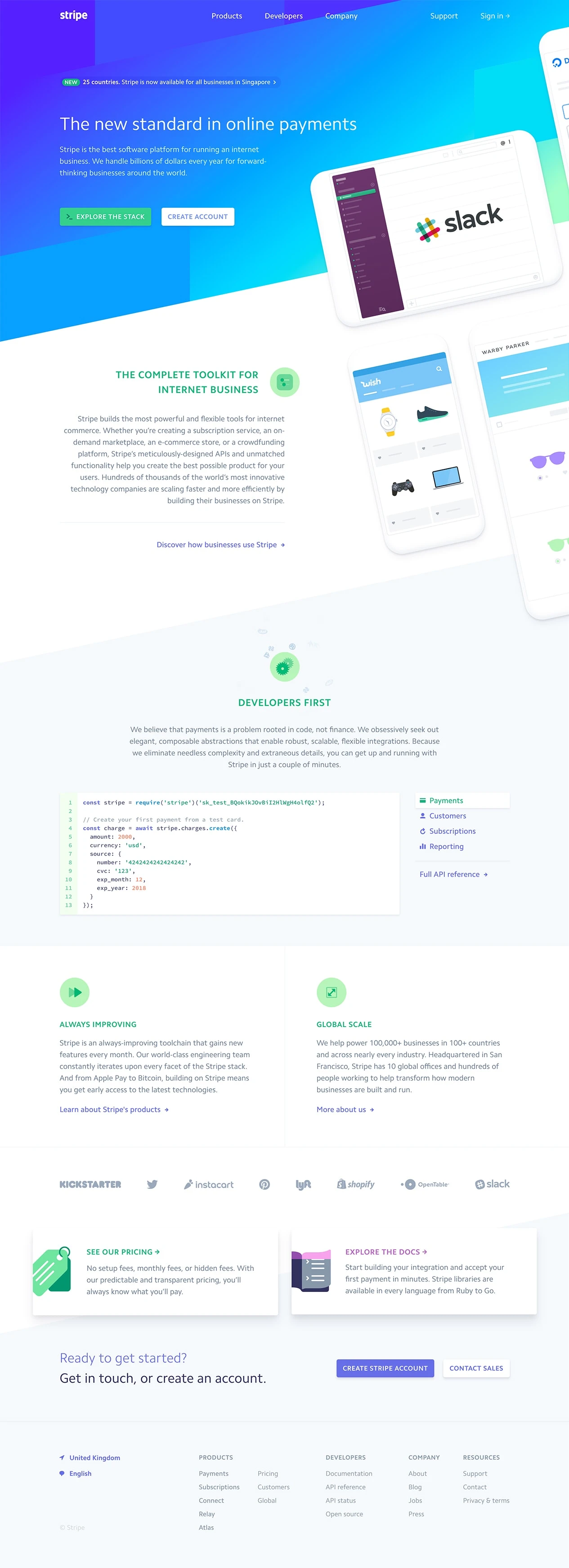 Stripe Landing Page Example: Stripe is the best software platform for running an internet business. We handle billions of dollars every year for forward-thinking businesses around the world.