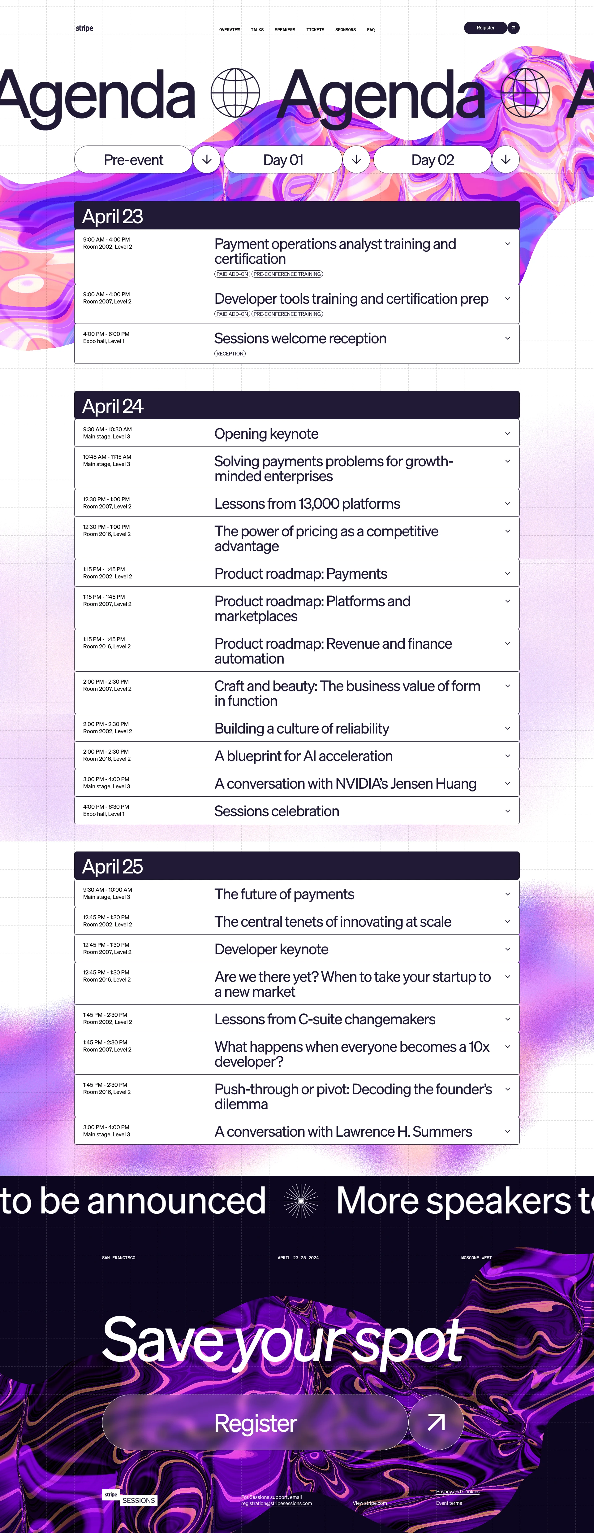 Stripe Sessions 2024 Landing Page Example: Stripe Sessions is a 2.5-day, in-person event with discussions about Stripe product updates, important internet economy trends, the future of payments and more.