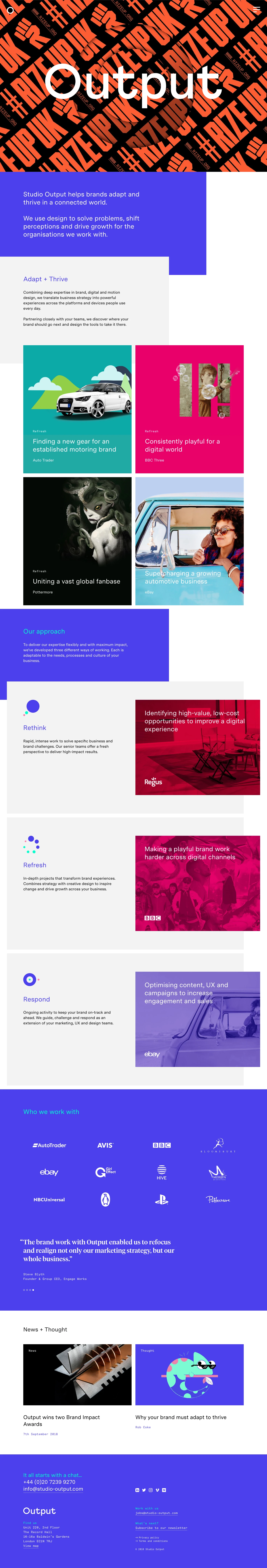 Output Landing Page Example: Studio Output helps brands adapt and thrive in a connected world. We use design to solve problems, shift perceptions and drive growth for the organisations we work with.
