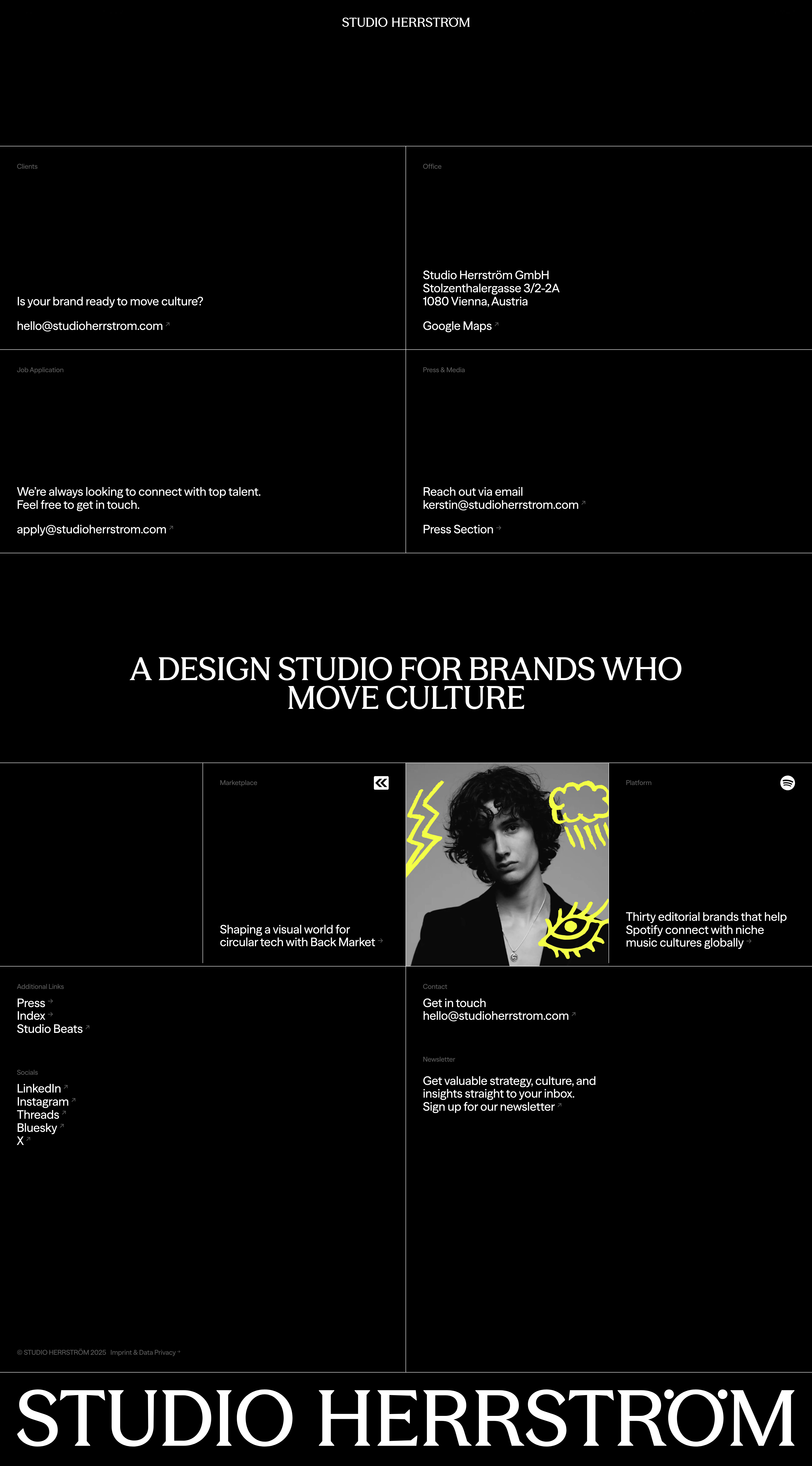 STUDIO HERRSTRÖM Landing Page Example: STUDIO HERRSTRÖM is a global design studio shaping brands in music, tech, and culture.