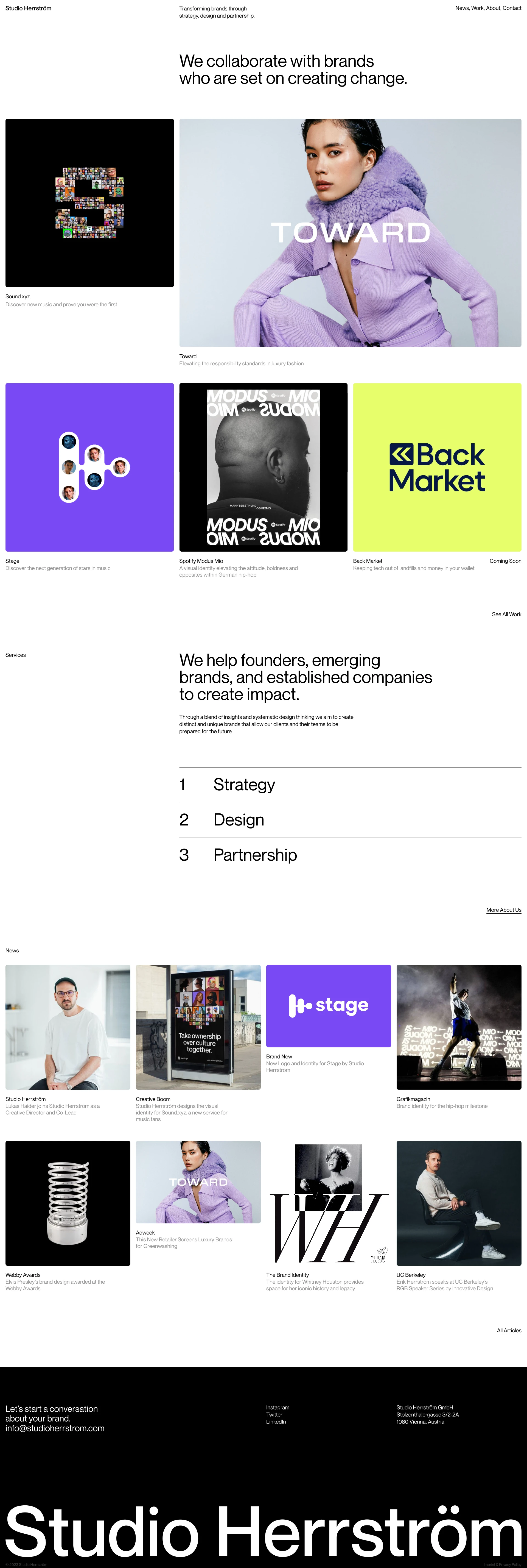 Studio Herrström Landing Page Example: A design studio transforming brands through brand identity, campaigns, and activations. We help founders, emerging brands, and companies to create impact.