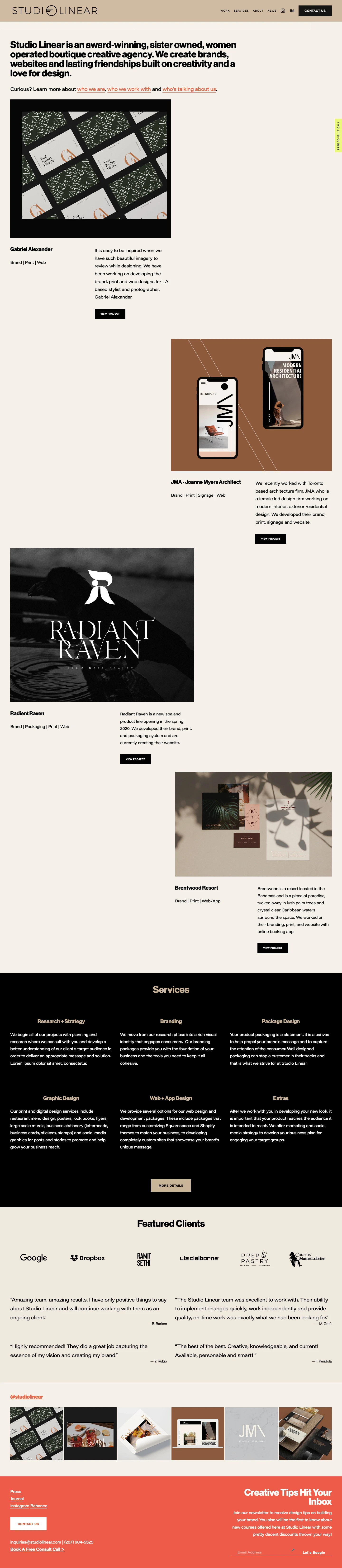 Studio Linear Landing Page Example: Studio Linear is an award-winning, sister owned, women operated boutique creative agency. We create brands, websites and lasting friendships built on creativity and a love for design.