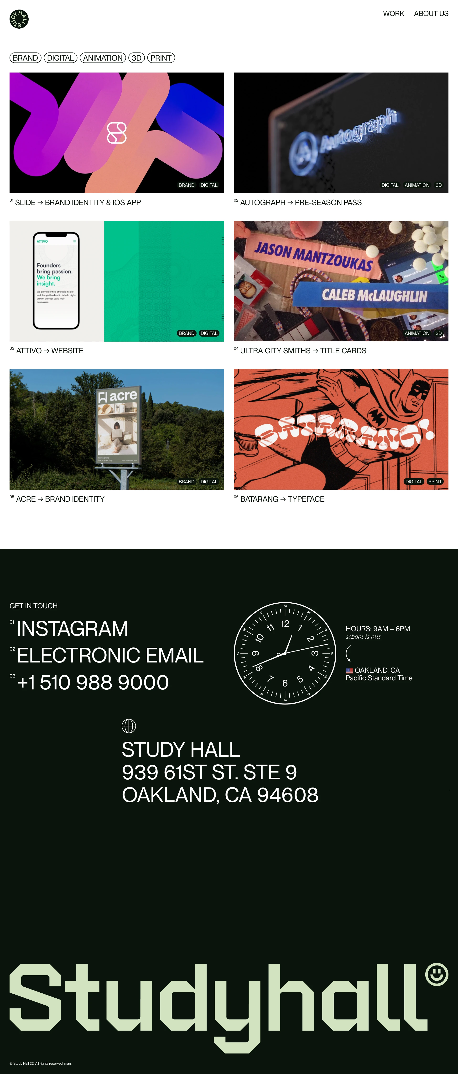 Study Hall Landing Page Example: Study Hall is an Oakland-based creative studio specializing in distinct, compelling, and delightful work for brave clients.