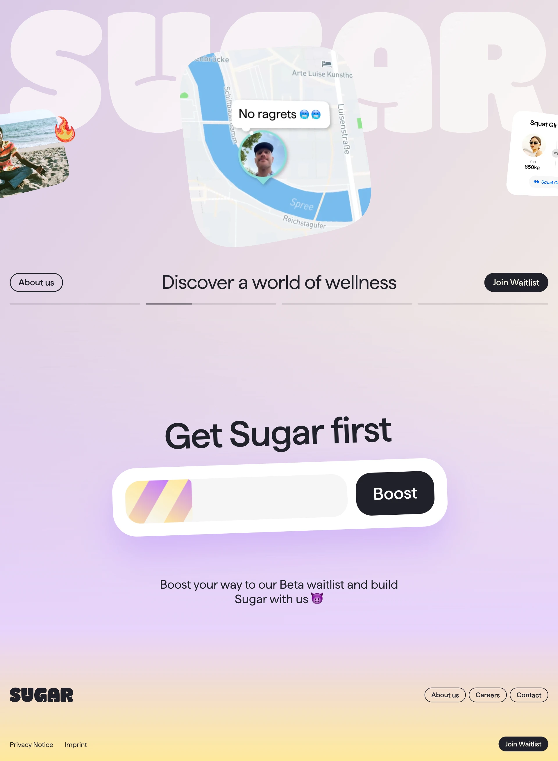 Sugar Landing Page Example: We've all been there. The journey to a healthier life is filled with ups and downs, and its particular moments, many of them shared with friends. Competing in fitness challenges. Sharing your latest healthy recipe. Encouraging each other to take one more step, to hold that plank a little longer.