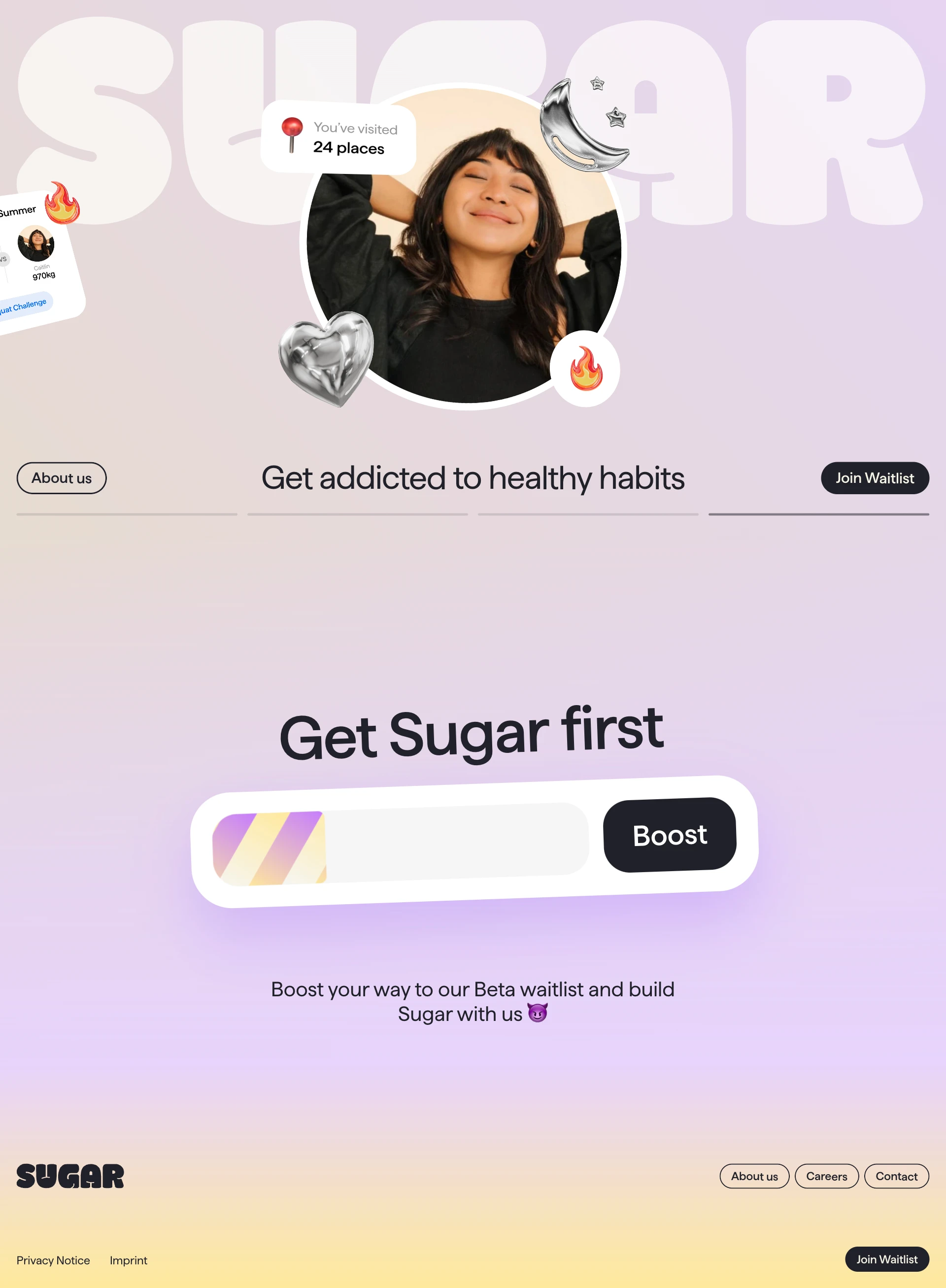 Sugar Landing Page Example: We've all been there. The journey to a healthier life is filled with ups and downs, and its particular moments, many of them shared with friends. Competing in fitness challenges. Sharing your latest healthy recipe. Encouraging each other to take one more step, to hold that plank a little longer.