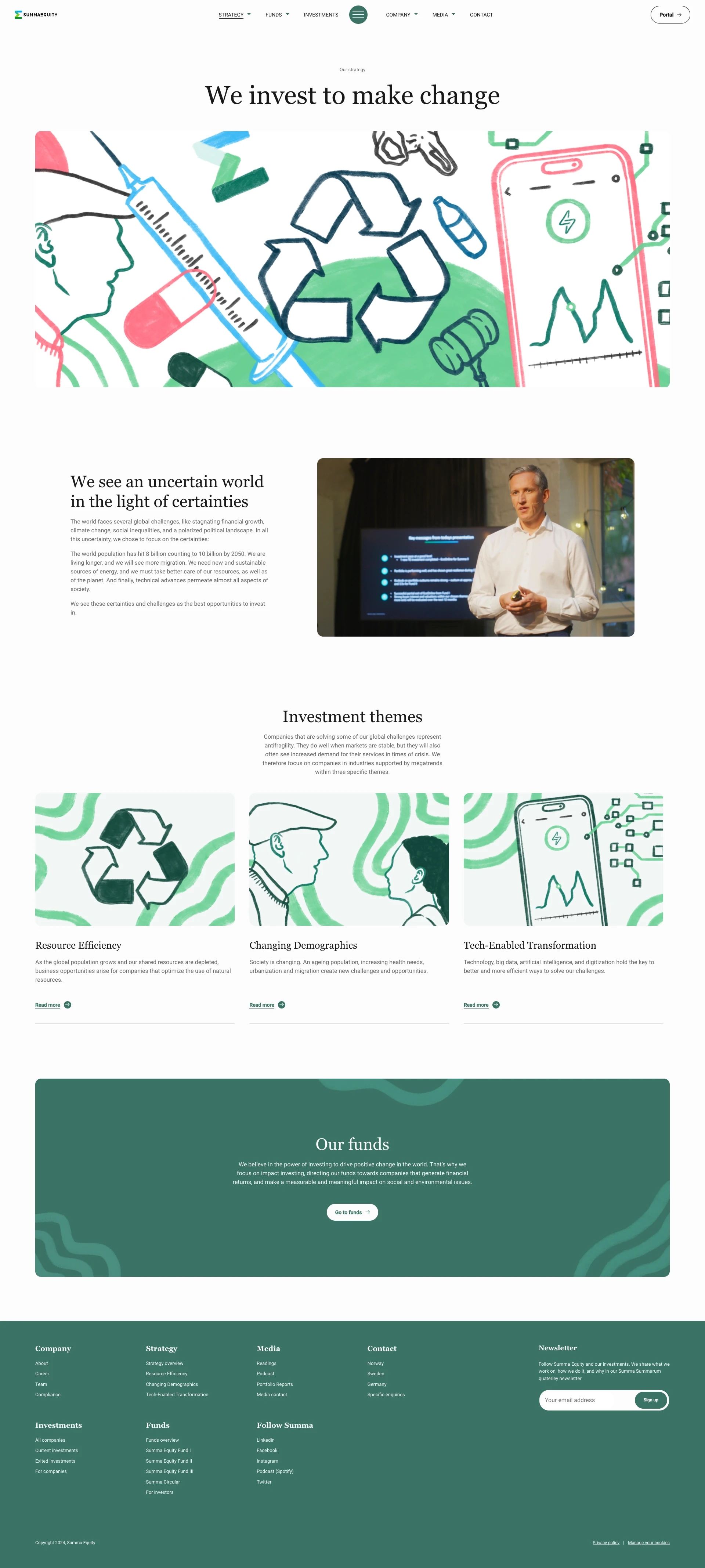 Summa Equity Landing Page Example: We are a purpose-driven, thematic investment firm. Considering global challenges as opportunities. We invest in and develop companies that provide new and innovative solutions for a more future-proof world.