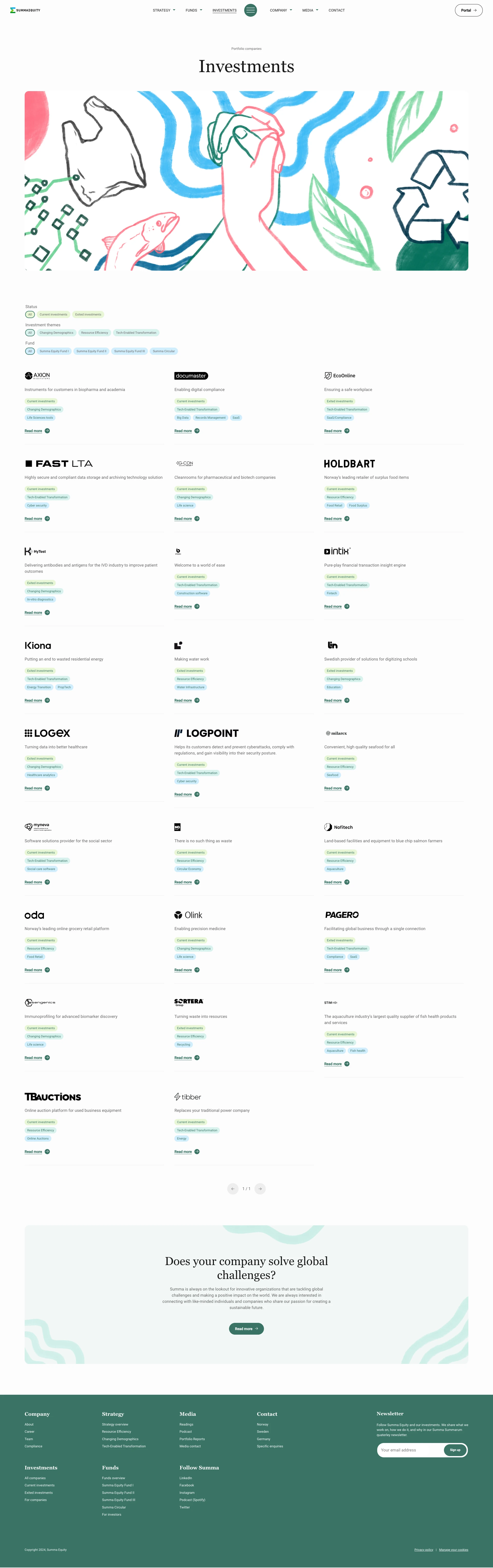 Summa Equity Landing Page Example: We are a purpose-driven, thematic investment firm. Considering global challenges as opportunities. We invest in and develop companies that provide new and innovative solutions for a more future-proof world.