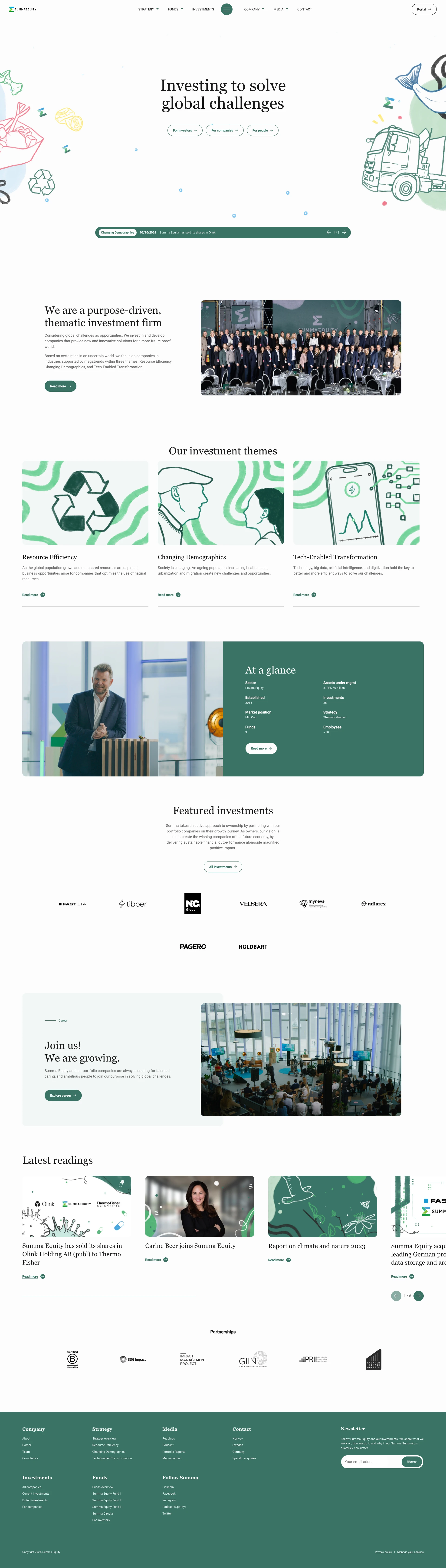 Summa Equity Landing Page Example: We are a purpose-driven, thematic investment firm. Considering global challenges as opportunities. We invest in and develop companies that provide new and innovative solutions for a more future-proof world.