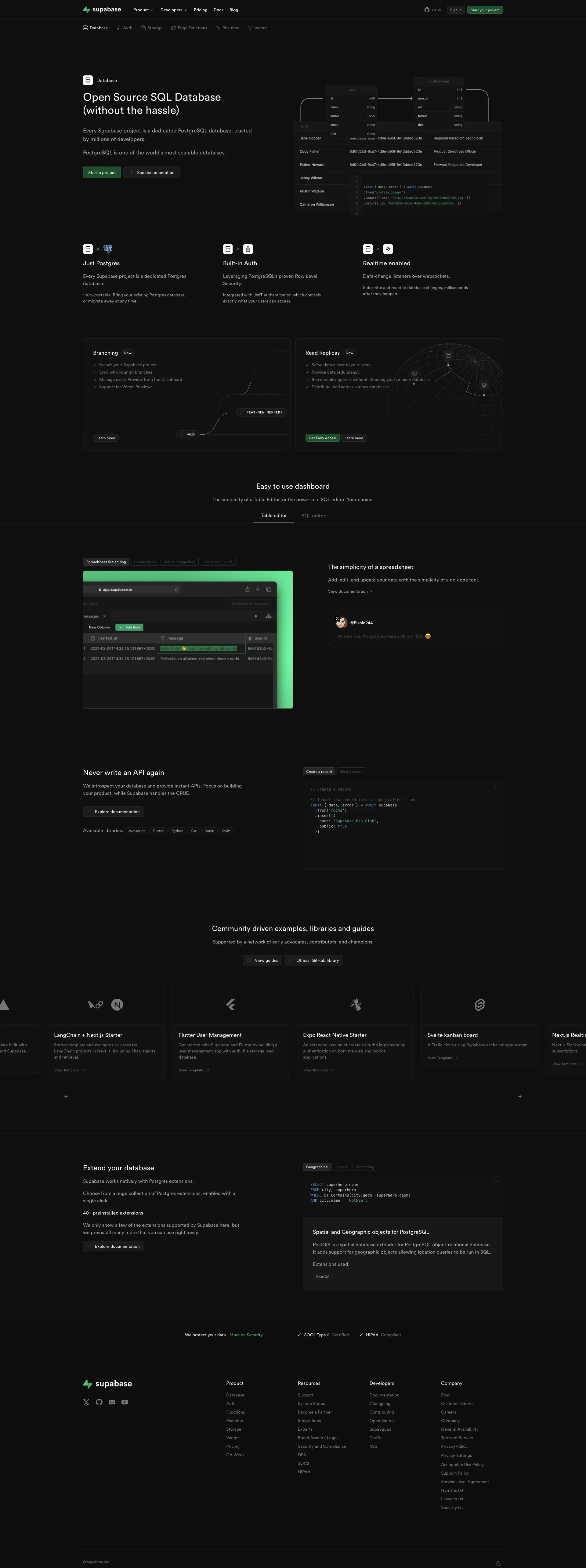 Supabase Landing Page Example: Supabase is an open source Firebase alternative. Start your project with a Postgres database, Authentication, instant APIs, Edge Functions, Realtime subscriptions, Storage, and Vector embeddings.