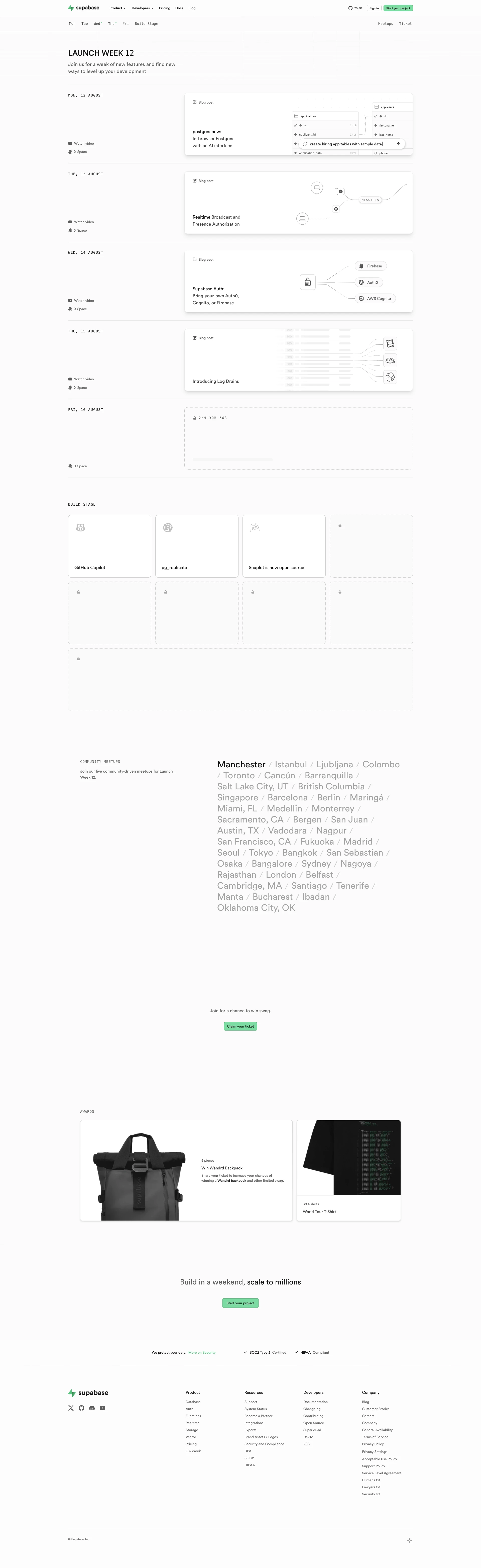 Supabase Landing Page Example: Supabase is an open source Firebase alternative. Start your project with a Postgres database, Authentication, instant APIs, Edge Functions, Realtime subscriptions, Storage, and Vector embeddings.