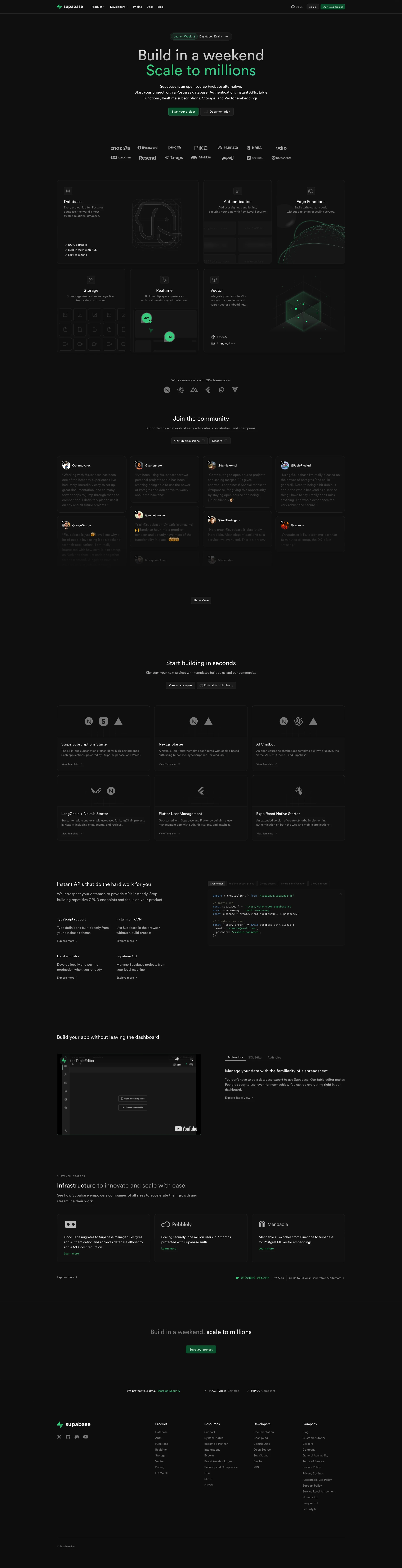 Supabase Landing Page Example: Supabase is an open source Firebase alternative. Start your project with a Postgres database, Authentication, instant APIs, Edge Functions, Realtime subscriptions, Storage, and Vector embeddings.