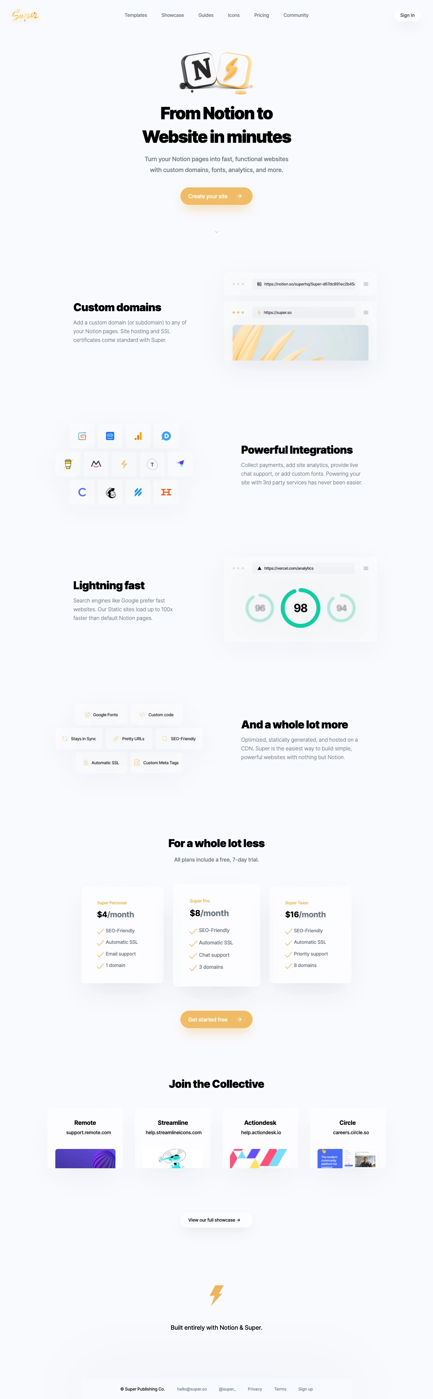 Super Landing Page Example: From Notion to Website in minutes. Turn your Notion pages into fast, functional websites with custom domains, fonts, analytics, and more.