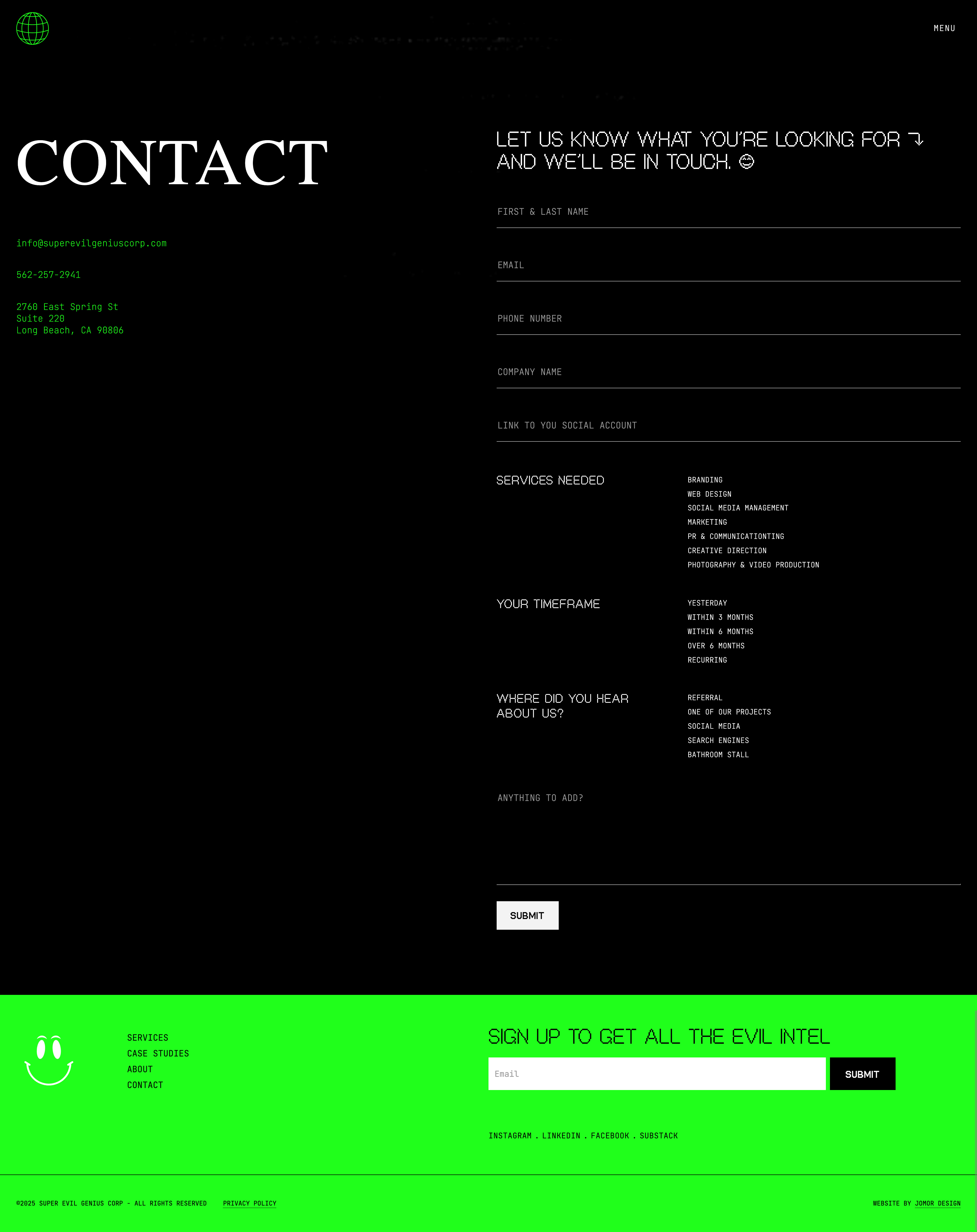 Super Evil Genius Corp - Contact Example