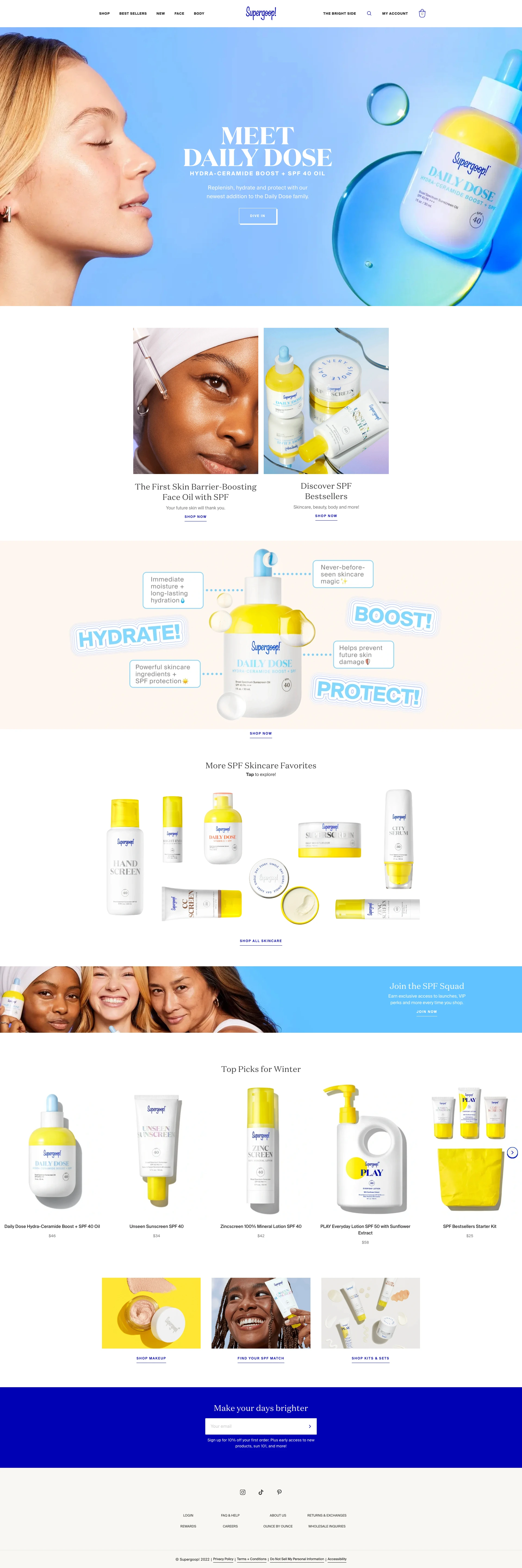 Supergoop Landing Page Example: Hi, we’re Supergoop! You may know us as the Experts in SPF™. For more than 15 years, product has been our purpose — something our founder, Holly, has said since the beginning. But our mission is about so much more than just sunscreen...