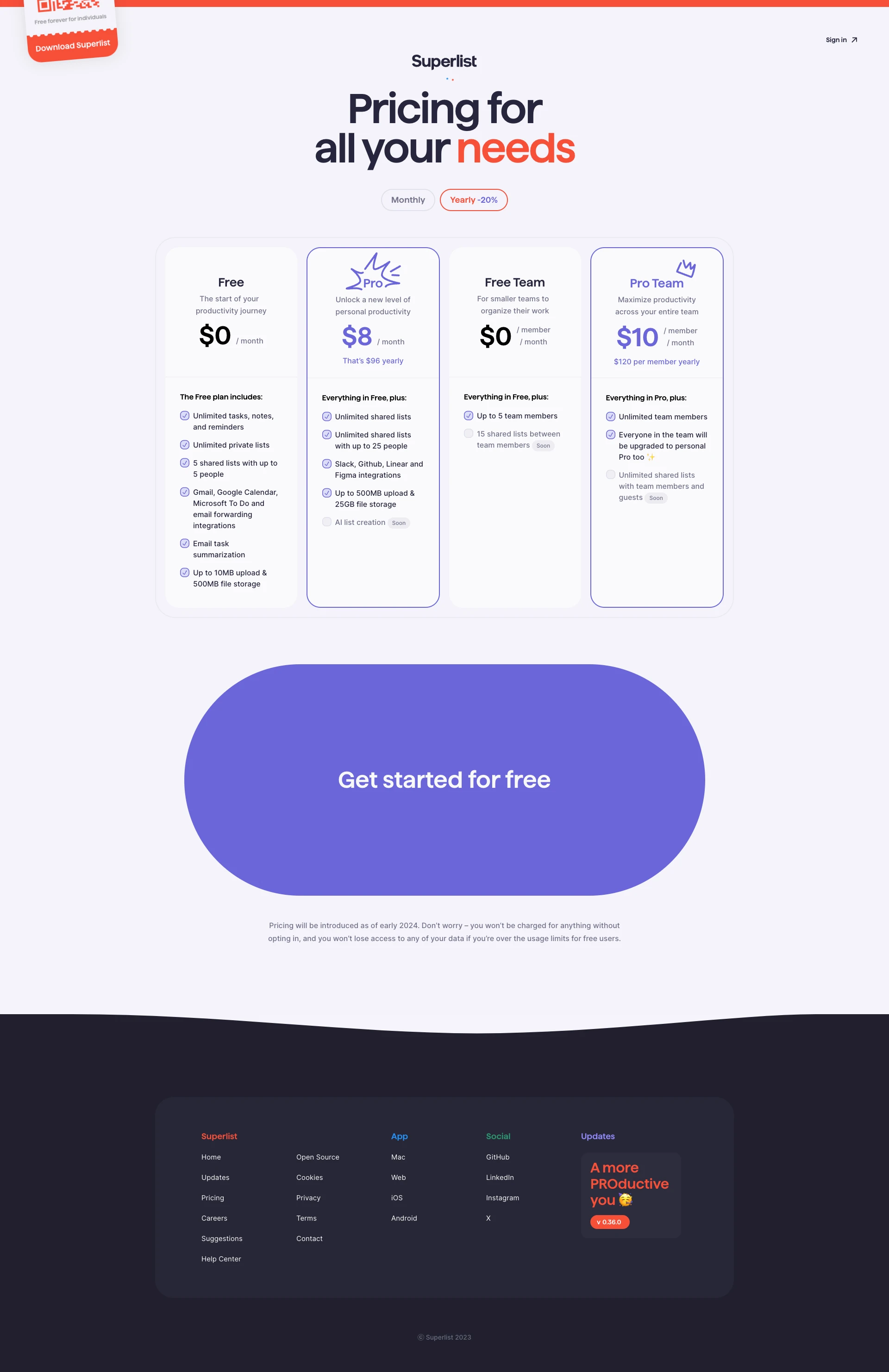 Superlist Landing Page Example: Home to all your lists. For team work, personal projects, and everything in between.