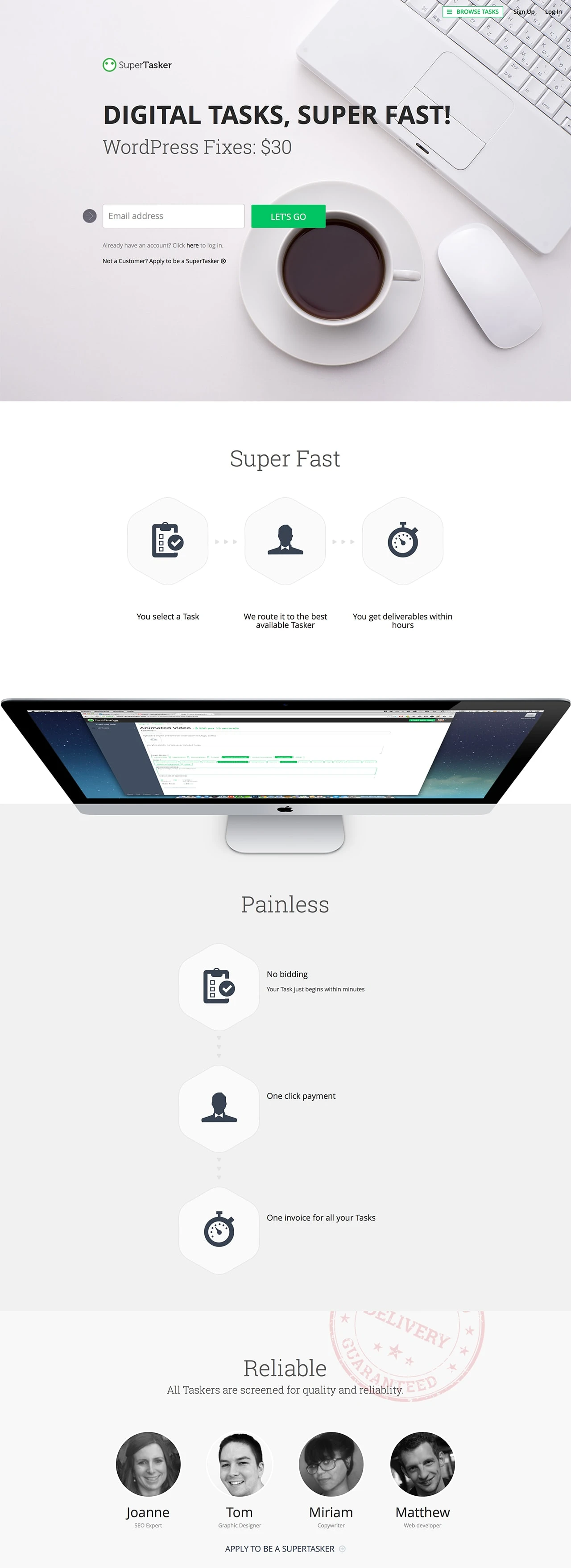 SuperTasker Landing Page Example: SuperTasker's vision is to be your 'Digital HelpDesk in the Cloud', allowing you to outsource and manage high volumes of small tasks, super fast, to a pool of curated experts.