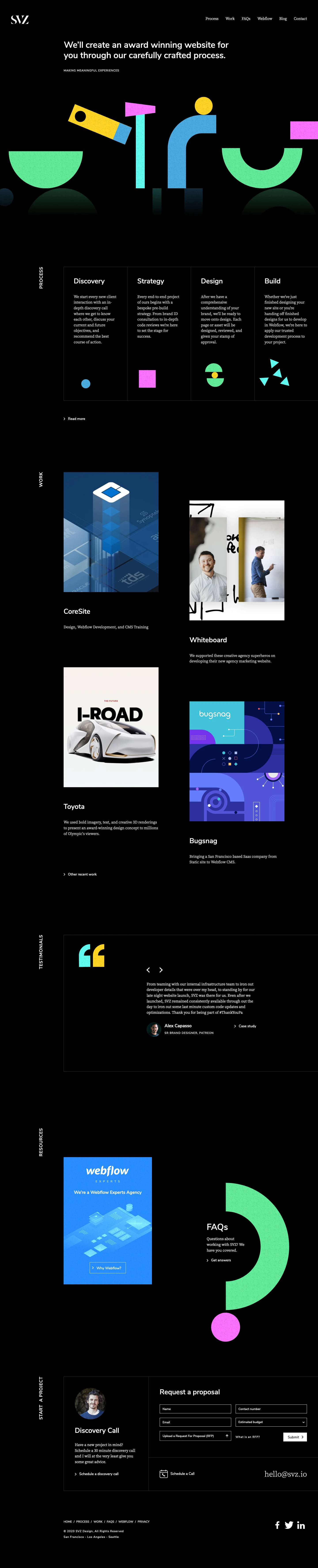 SVZ Design Landing Page Example: We use Webflow to design & develop high-end CMS enabled marketing websites from scratch. We work with small to large Saas, Tech, and Agencies that value creating meaningful digital experiences that convert.