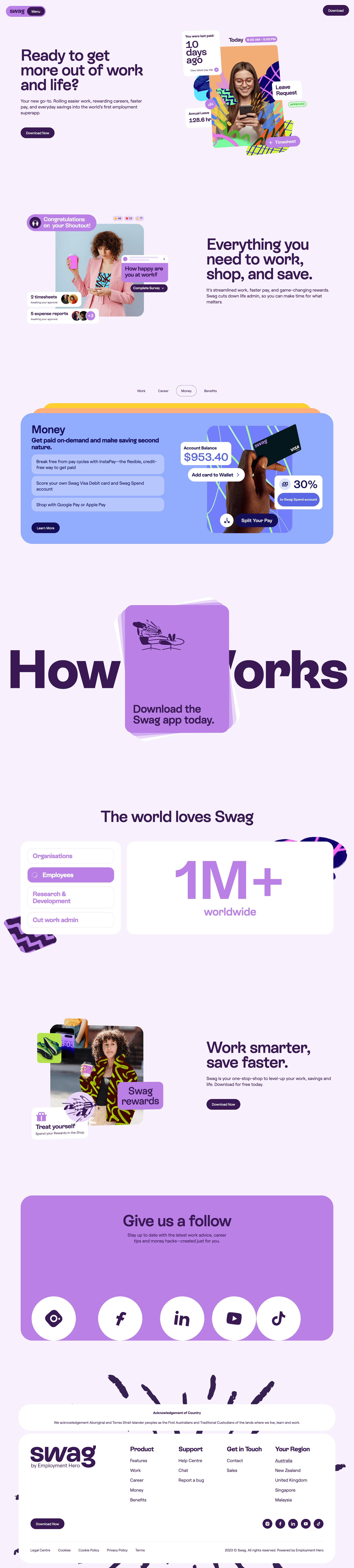 Swag Landing Page Example: The all-in-one employment superapp for easier work, rewarding careers, faster pay, and everyday savings. Join now and unlock game-changing rewards!
