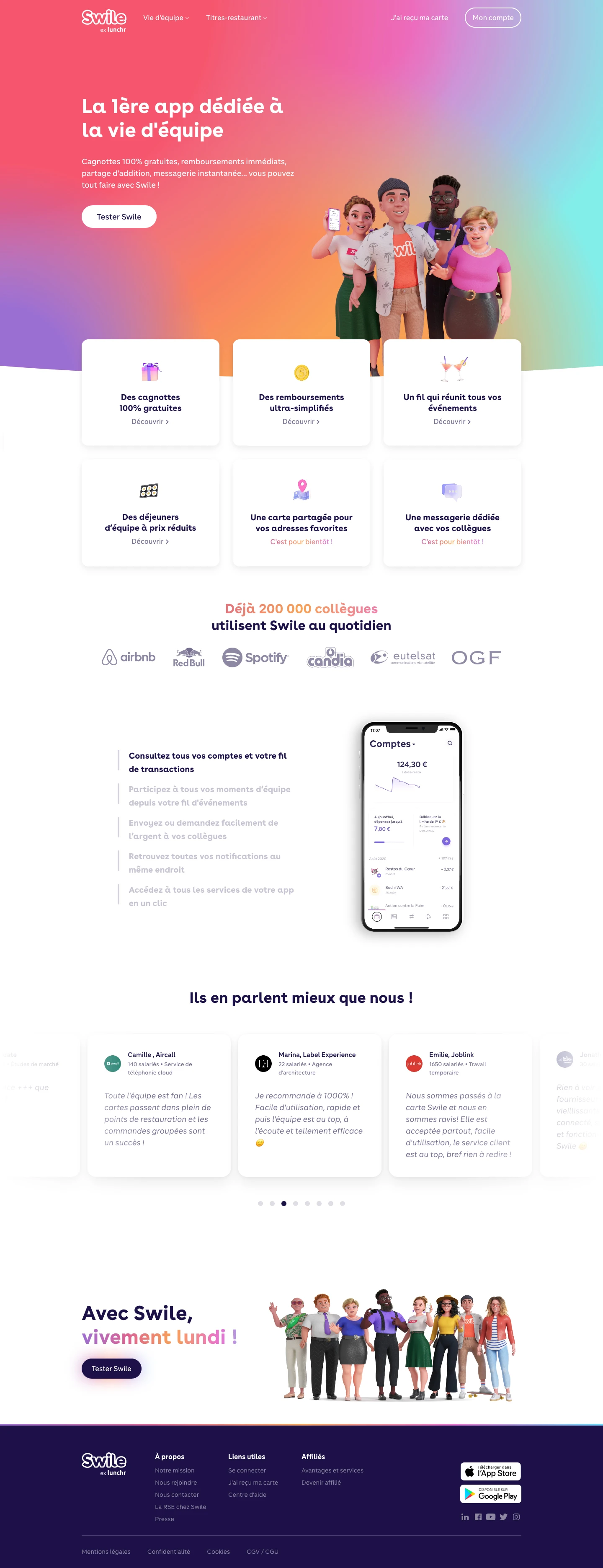 Swile Landing Page Example: The 1st app dedicated to team life. 100% free prize pools, immediate refunds, bill sharing, instant messaging ... you can do it all with Swile!
