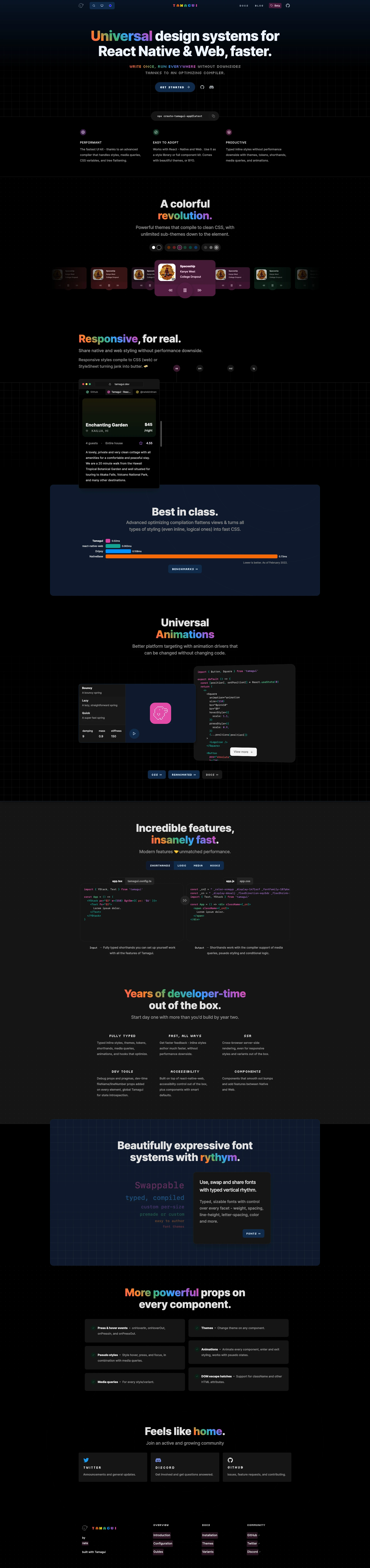 Tamagui Landing Page Example: Universal design systems for React Native & Web, faster.