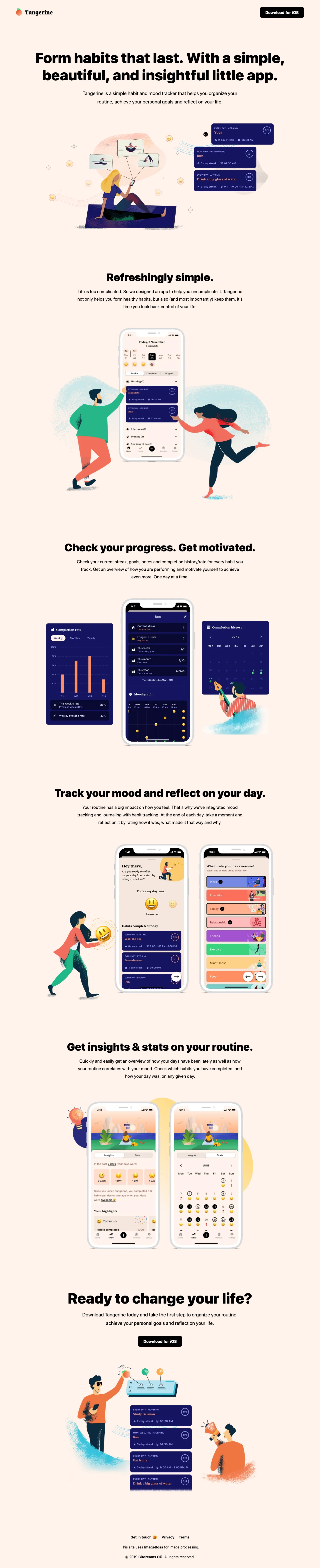 Tangerine Landing Page Example: Tangerine is a simple habit and mood tracker that helps you organize your routine, achieve your personal goals and reflect on your life.