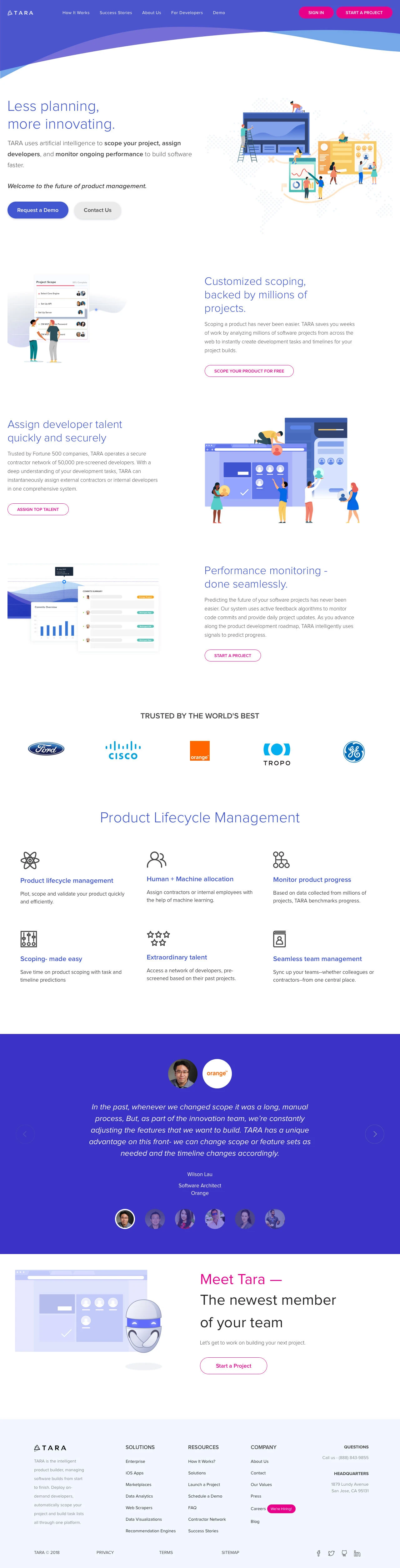 TARA Landing Page Example: TARA uses artificial intelligence to scope your project, assign developers, and monitor ongoing performance to build software faster.