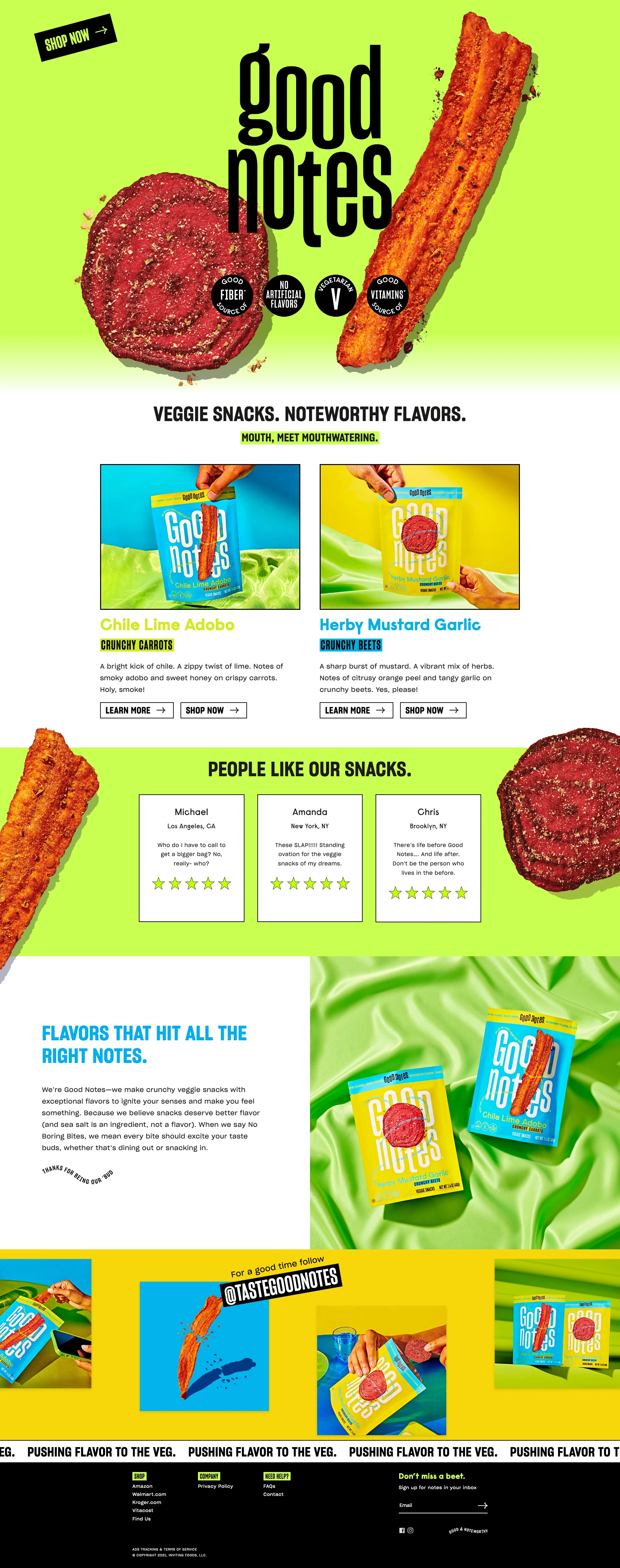 Taste Good Notes Landing Page Example: We’re Good Notes—we make crunchy veggie snacks with exceptional flavors to ignite your senses and make you feel something. Crunchy Veggie Snacks with flavors so bold and complex they'll have you saying yes, please!