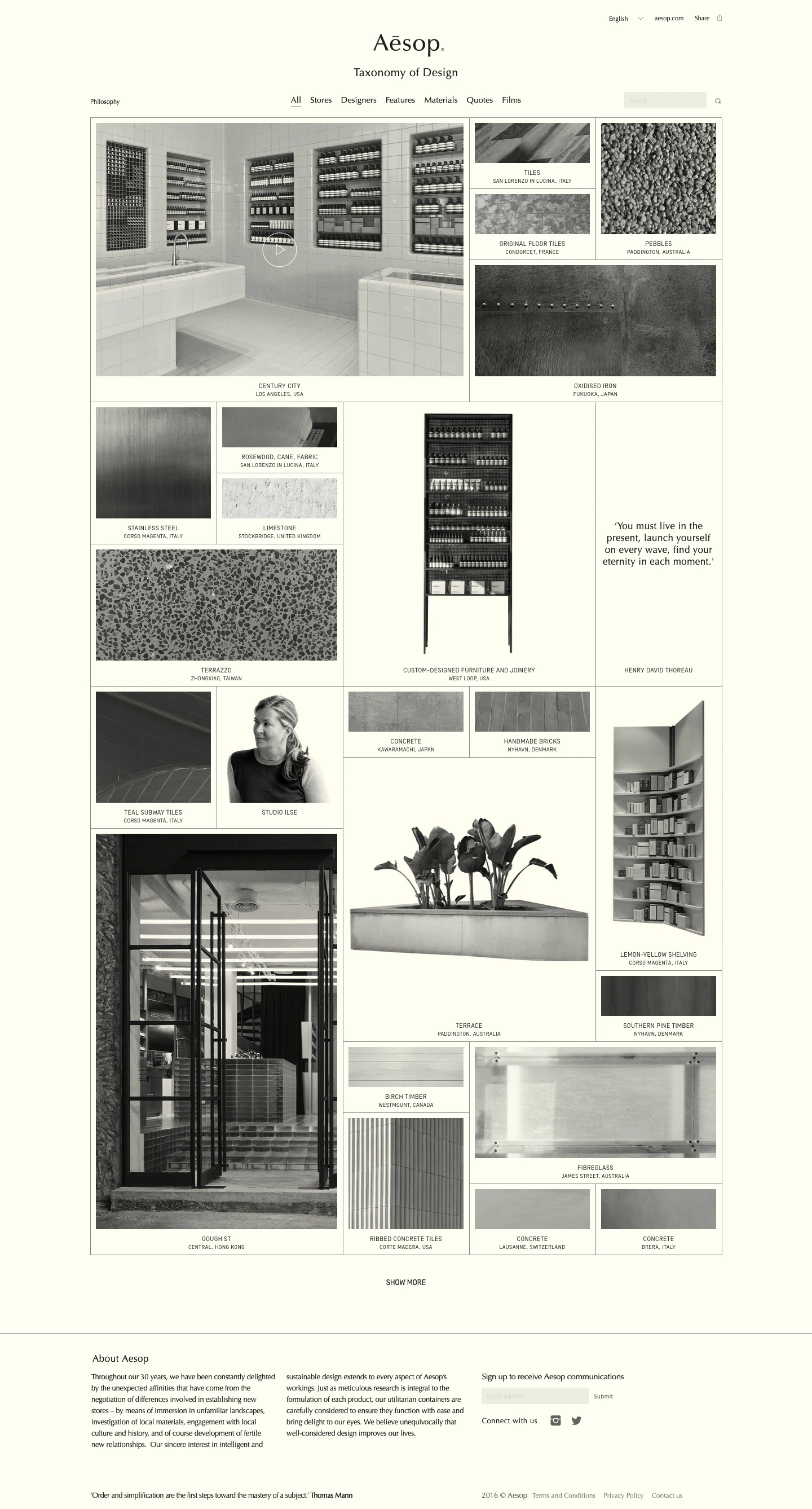 Taxonomy of Design Landing Page Example: Taxonomy of Design is a digital compendium of our signature stores which pays tribute to the creative processes, materials and features that distinguish Aesop spaces, and to the designers and architects with whom we collaborate.