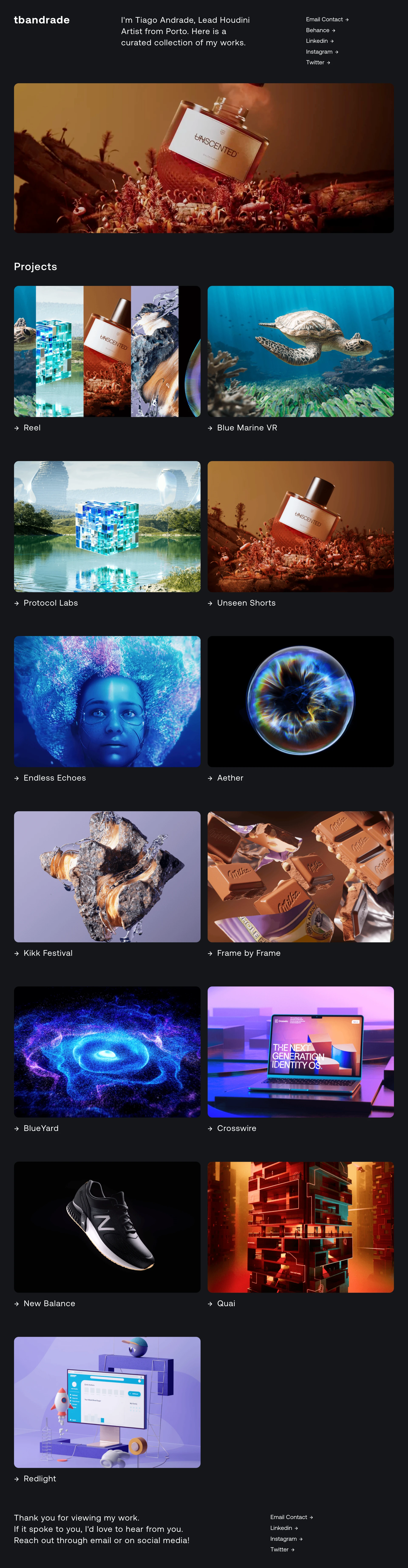Tiago Andrade Landing Page Example: I'm Tiago Andrade, Lead Houdini Artist from Porto. Here is a curated collection of my works.