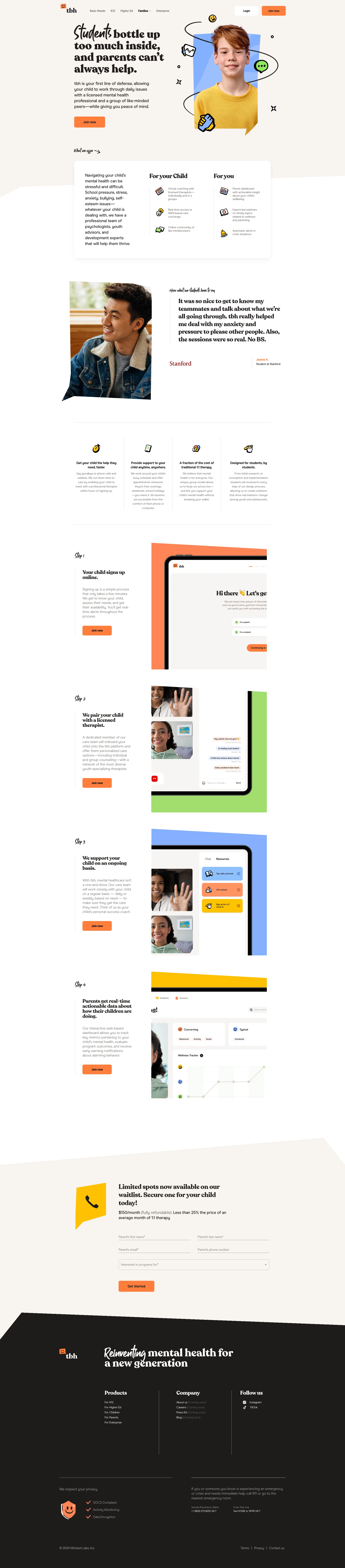 tbh Landing Page Example: Mental health, reimagined for students. Helping your students succeed and thrive with the help of licensed therapists and a community of peers. When and where they need it most.