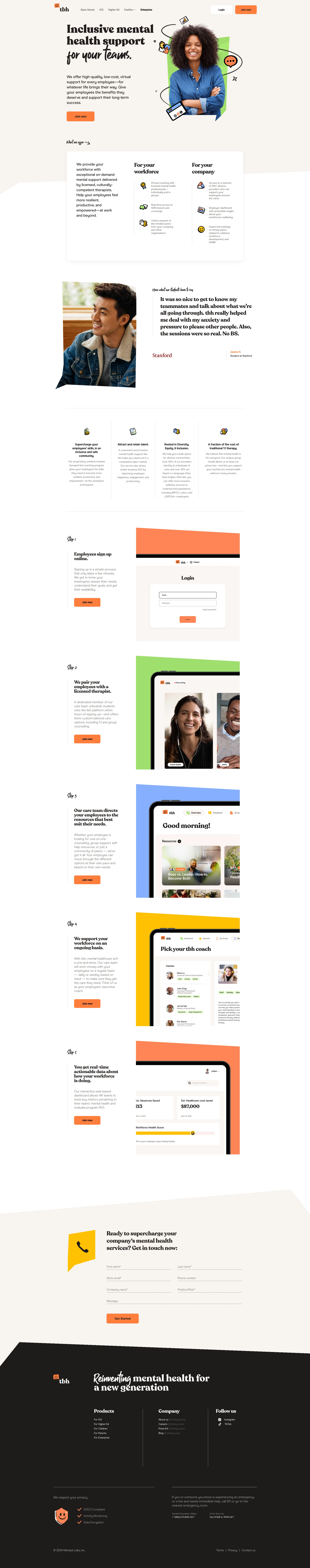 tbh Landing Page Example: Mental health, reimagined for students. Helping your students succeed and thrive with the help of licensed therapists and a community of peers. When and where they need it most.