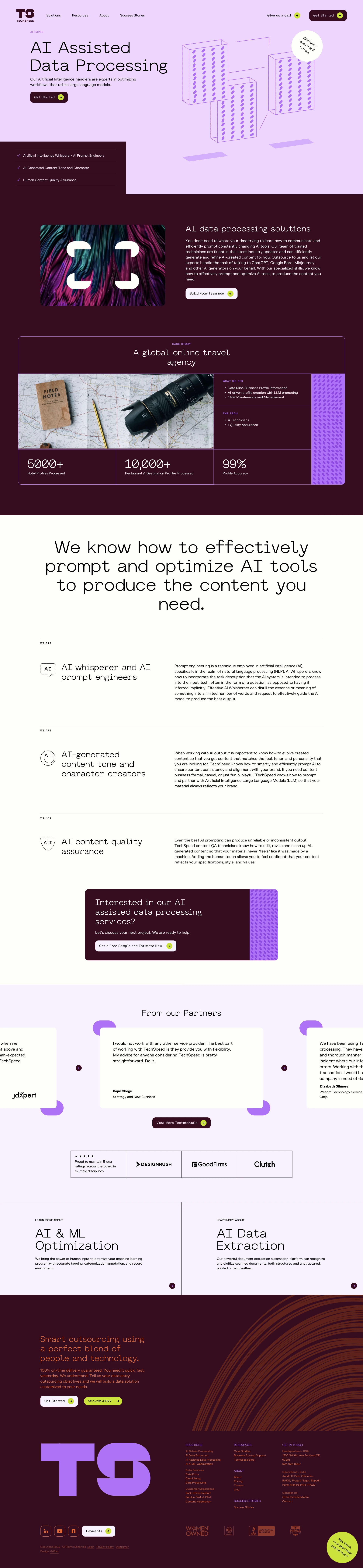 TechSpeed Landing Page Example: TechSpeed provides 24/7 customer service for all your data needs including data entry, data processing, business process outsourcing, and data mining. We guarantee the highest quality and fastest response at competitive prices.