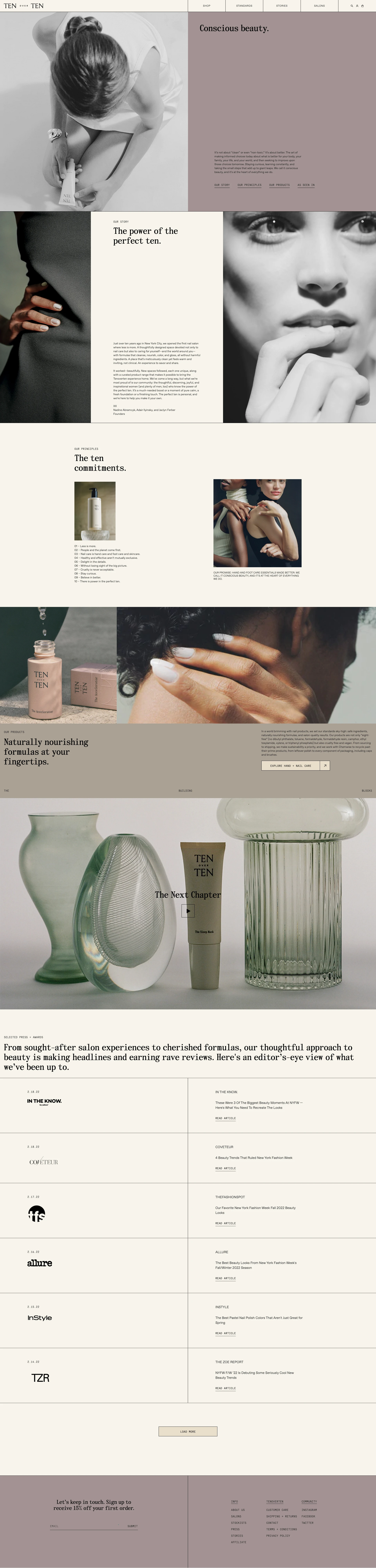 TenoverTen Landing Page Example: Hand, foot, and nail care essentials made better. Our products are not only 8-free, but also cruelty free and vegan. Shop non-toxic nail color and clean skincare from TenoverTen.