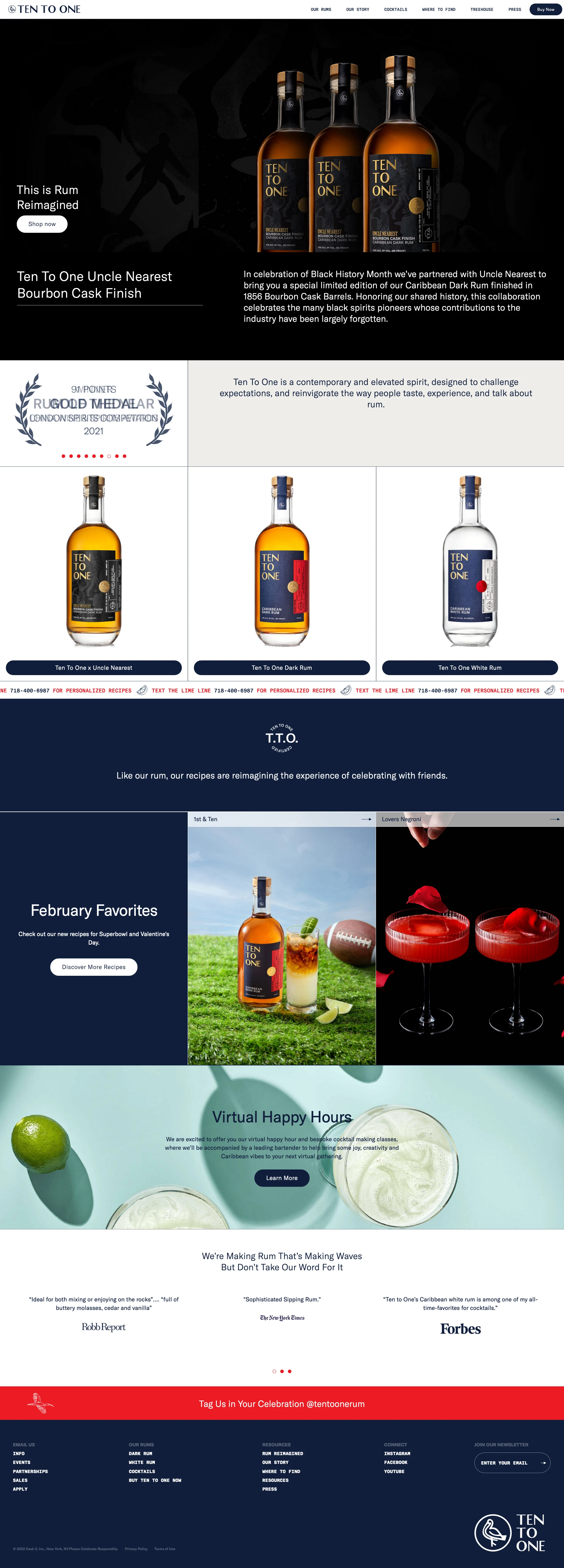 Ten To One Landing Page Example: A unique taste of the Caribbean. We’re here to bring you something different. Discover Rum Reimagined.