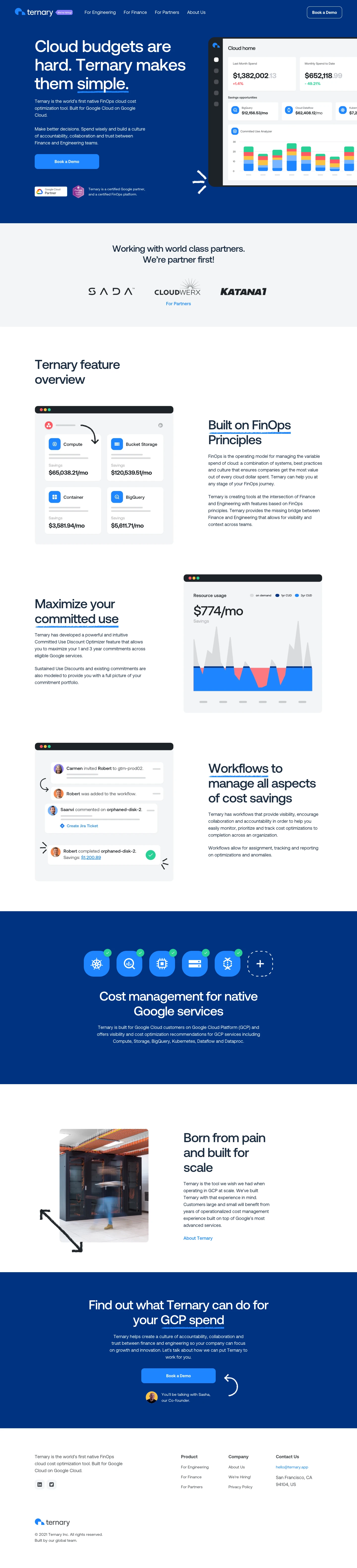 Ternary Landing Page Example: Cloud budgets are hard. Ternary makes them simple. Ternary is the world’s first native FinOps cloud cost optimization tool. Built for Google Cloud on Google Cloud.