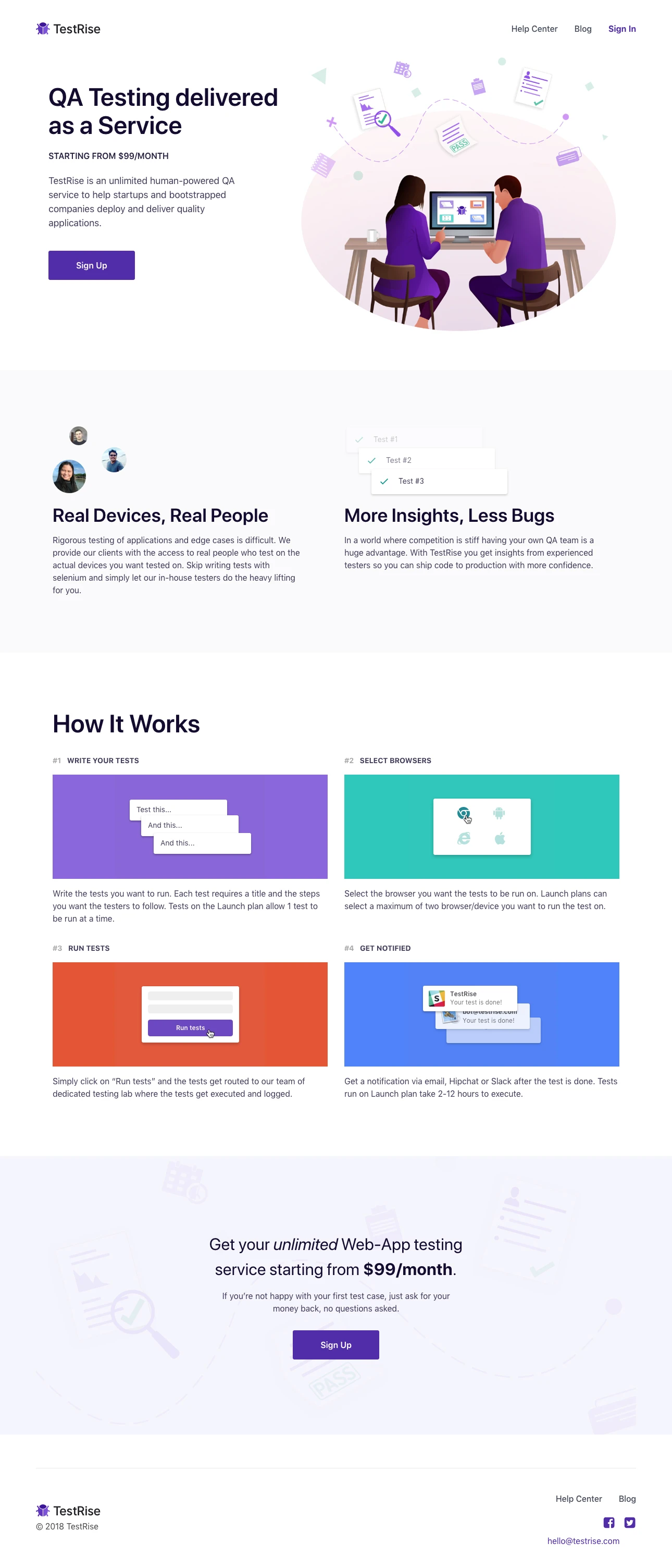 Testrise Landing Page Example: TestRise is an unlimited human-powered QA service to help startups and bootstrapped companies deploy and deliver quality applications.