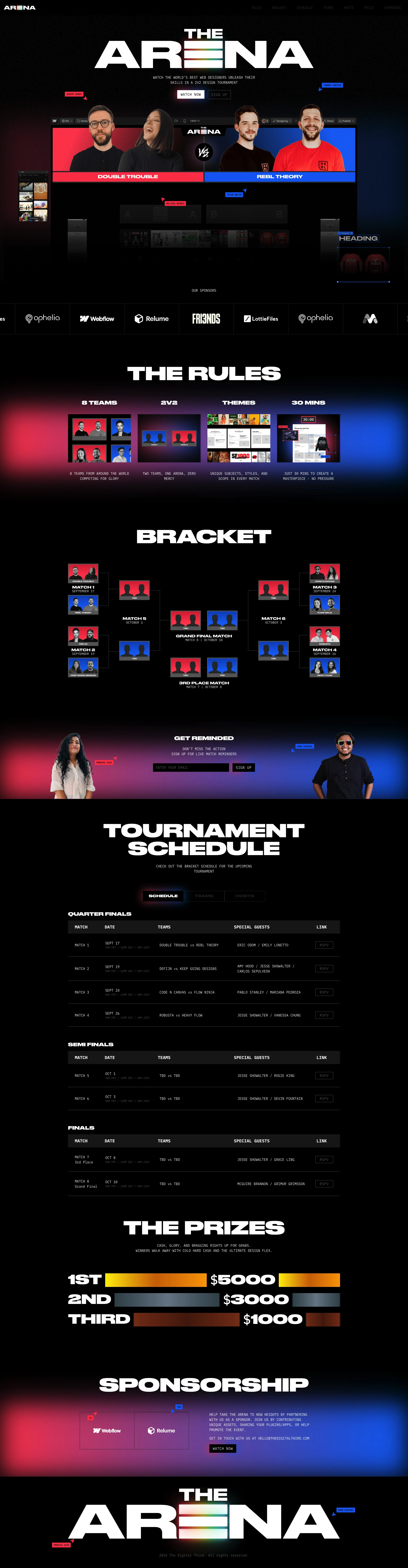 The Arena Landing Page Example: Watch the world’s best web designers unleash their skills in a 2v2 design tournament