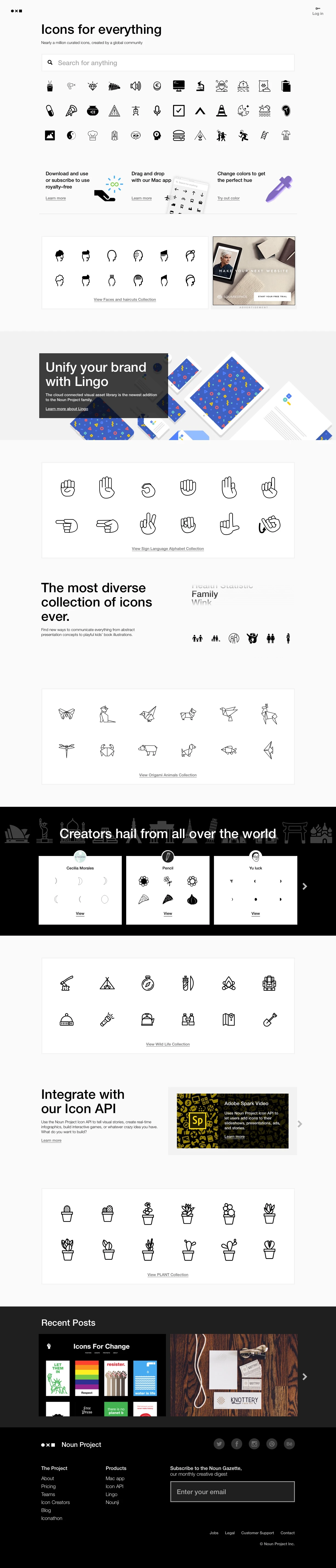 Noun Project Landing Page Example: Nearly a million curated icons, created by a global community