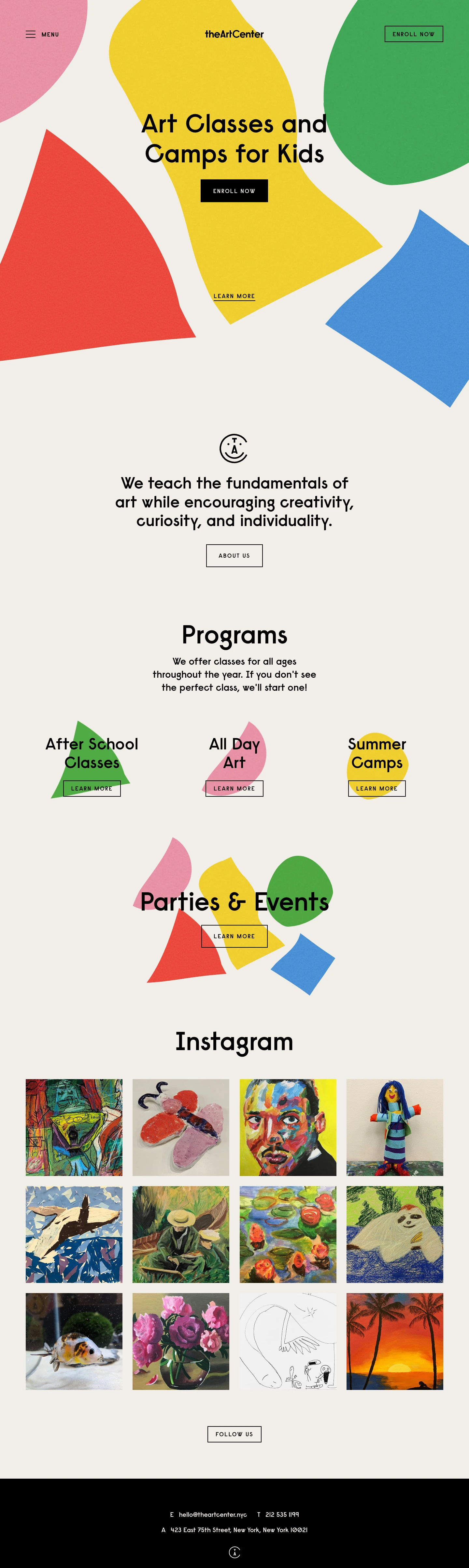 The Art Center Landing Page Example: We teach the fundamentals of art while encouraging creativity, curiosity, and individuality.
