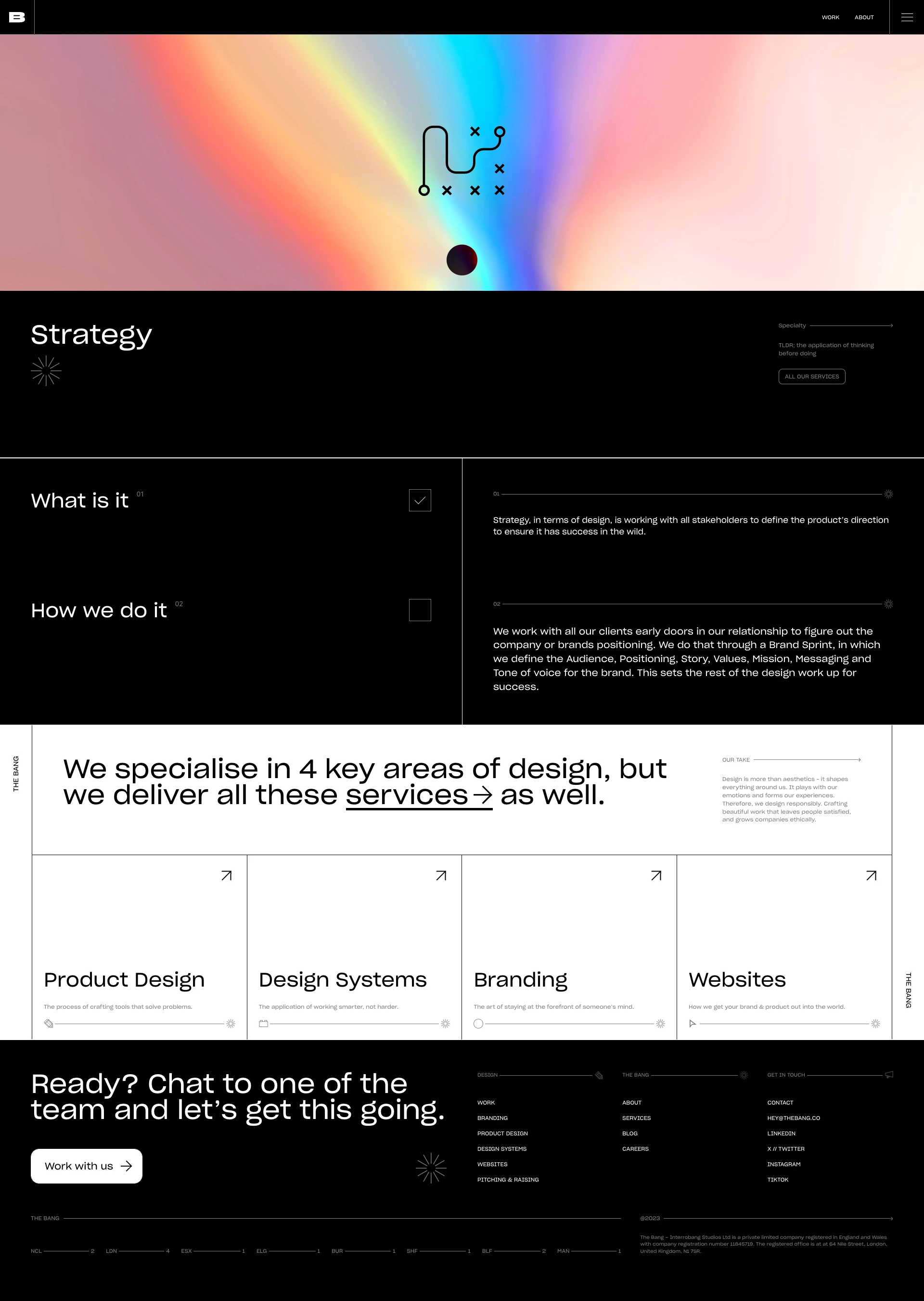 The Bang Landing Page Example: The Bang is a remote design studio crafting truly magnetic brands and disruptive products for companies looking to drive change.