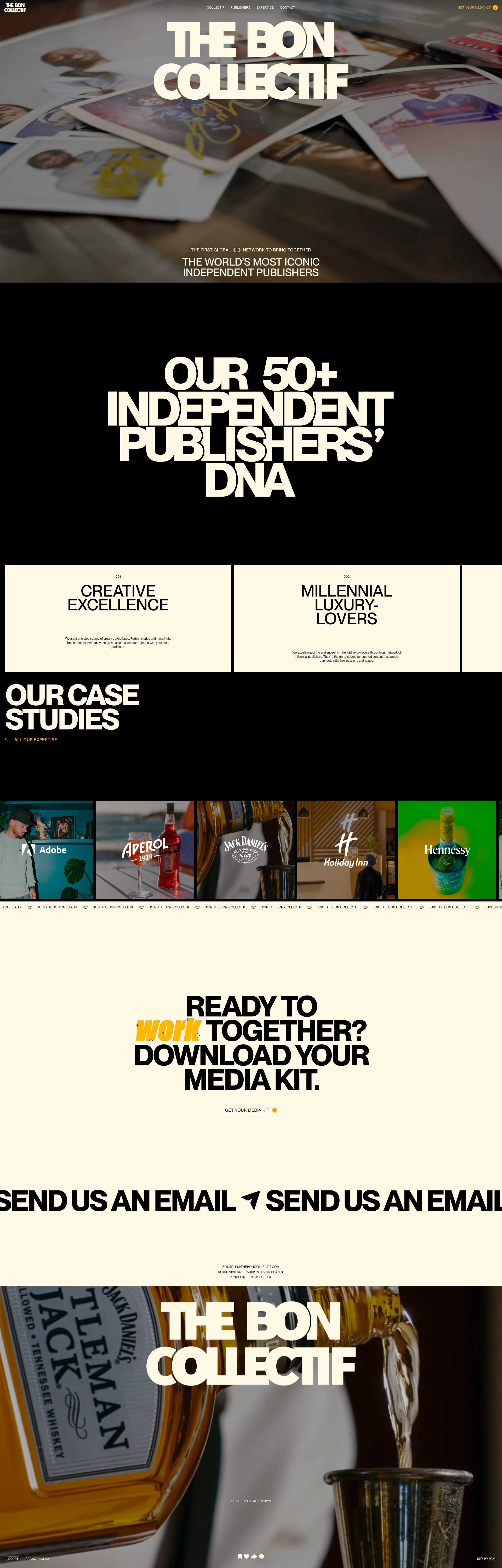The Bon Collectif Landing Page Example: The Bon Collectif is the first global network to bring together the world's most iconic independent publishers. A one global space to reach and engage with youth audience through their passions.