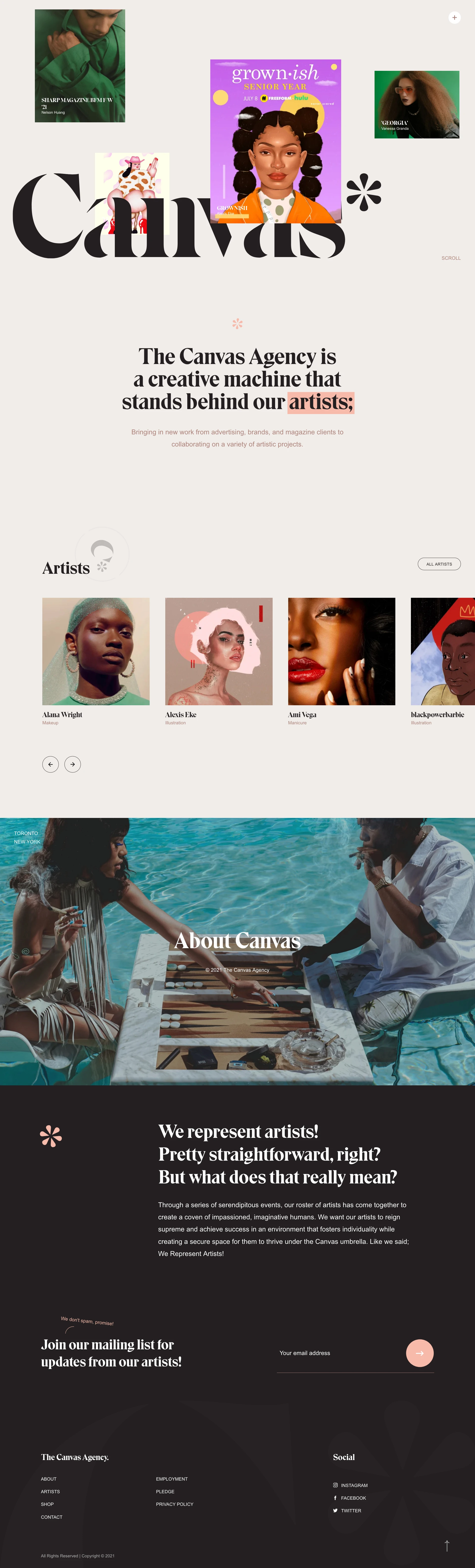 Canvas Agency Landing Page Example: We represent artists, creating a coven of impassioned, imaginative humans. We want our artists to reign supreme and achieve success in an environment that fosters individuality while creating a secure space for them to thrive under the Canvas umbrella.