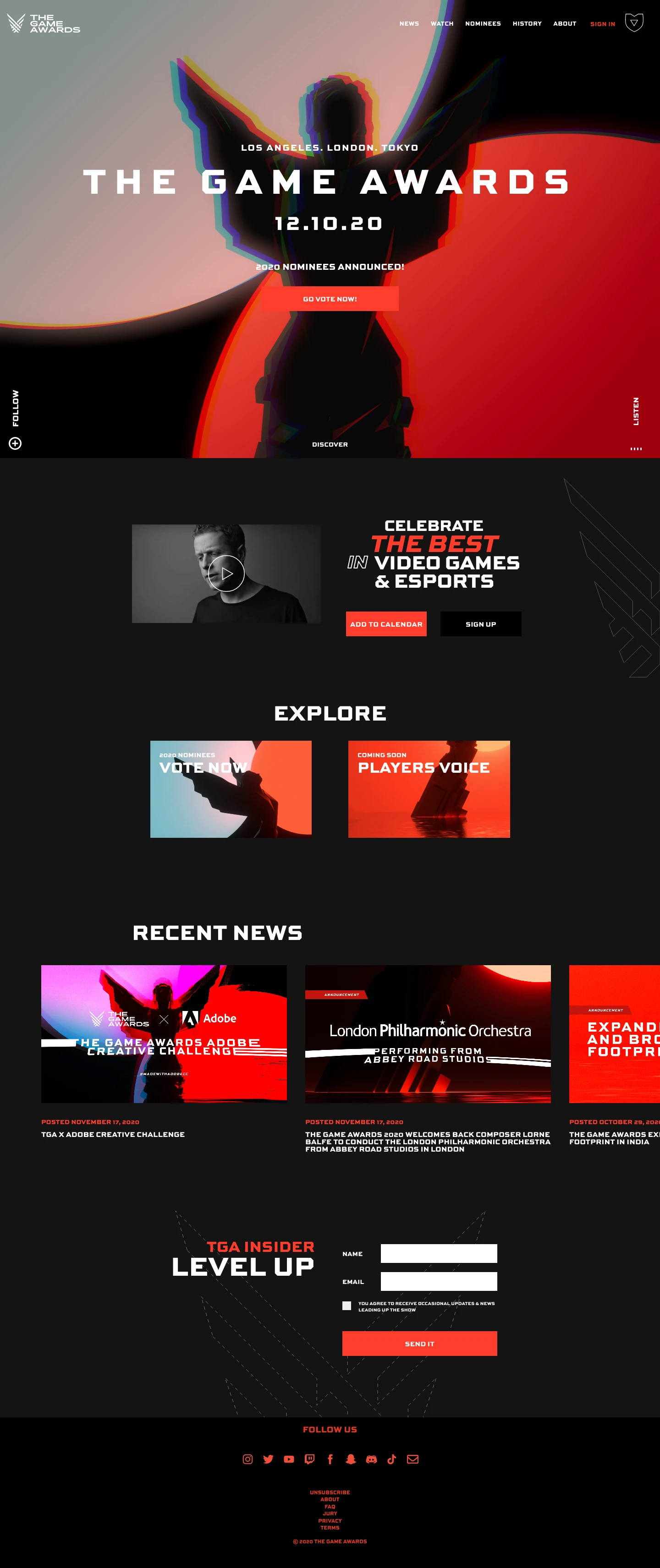 The Game Awards Landing Page Example: We bring together a diverse group of game developers, game players, and notable names from popular culture to celebrate and advance gaming’s position as the most immersive, challenging and inspiring form of entertainment. We strive to recognize those who improve the wellbeing of the community and elevate voices that represent the future of the medium.