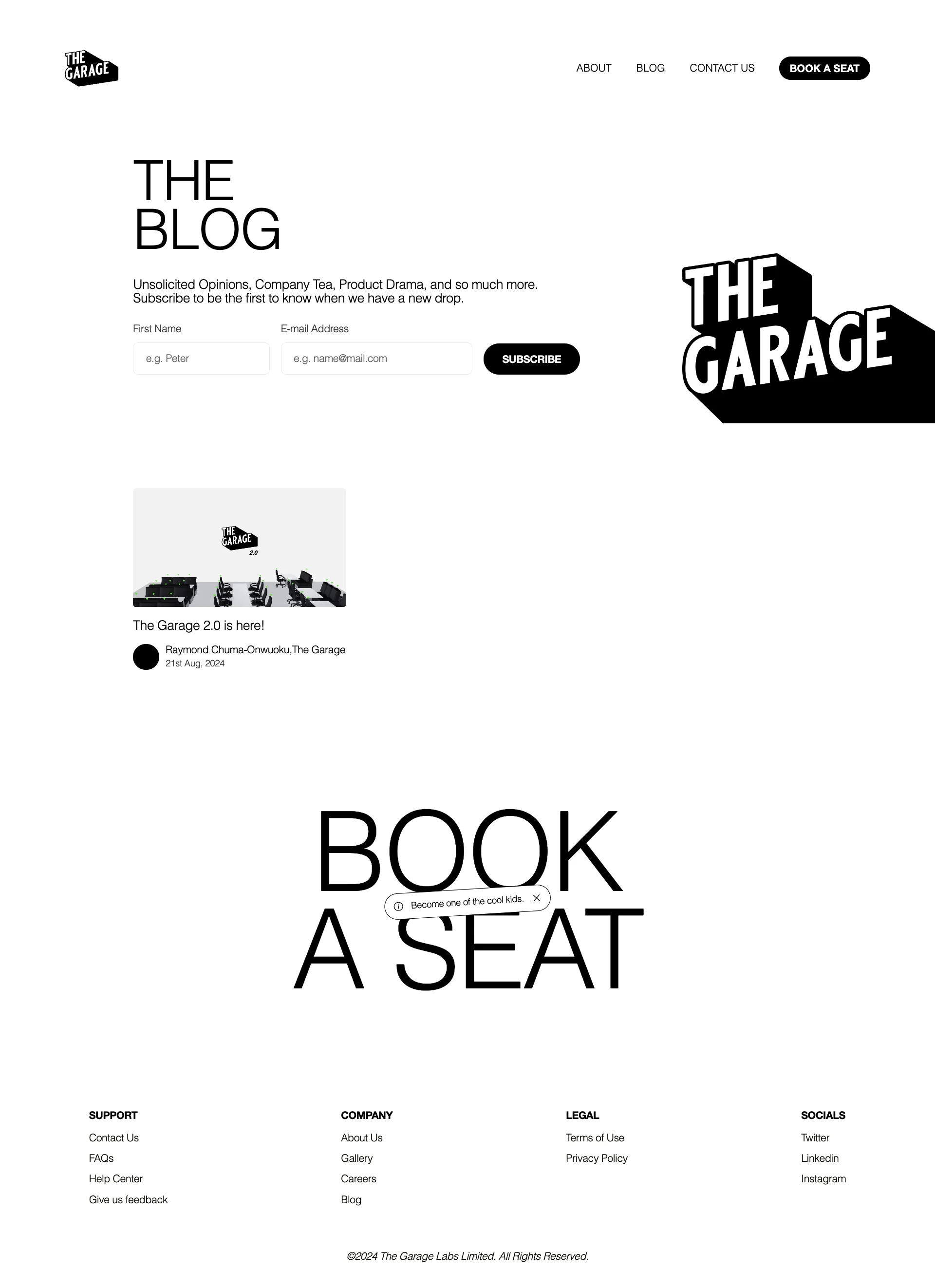 The Garage Landing Page Example: We support young people building and working on the coolest sh*t with everything they need to work hard easily - smart coworking facilities, education and mentorship, a vibrant, supportive community, and so much more!